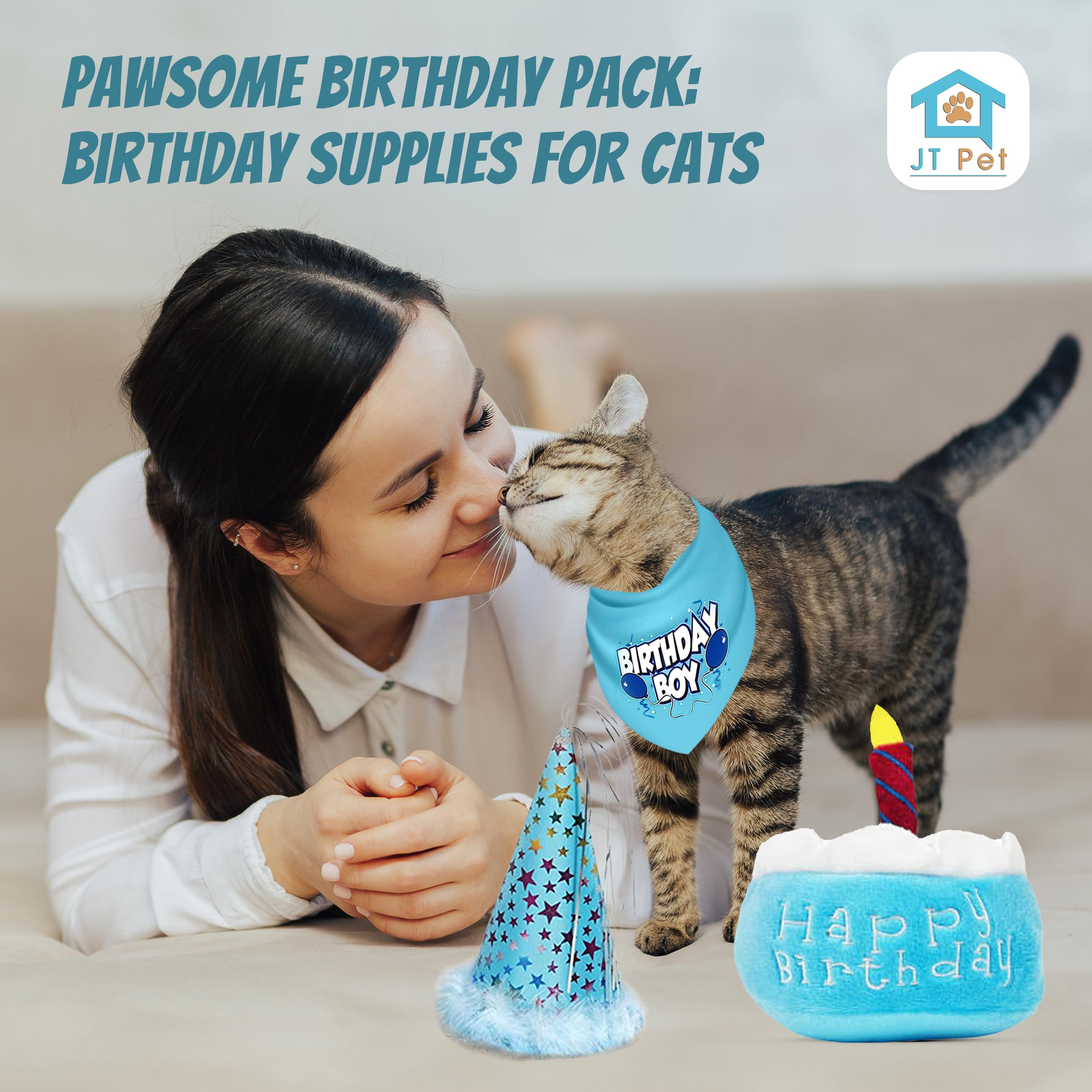 Jt Pet Cat Birthday Boy Party Pack With Bandana, Star Spangled Blue Party Hat With Adjustable Elastic, Tassels And Feathery Trim