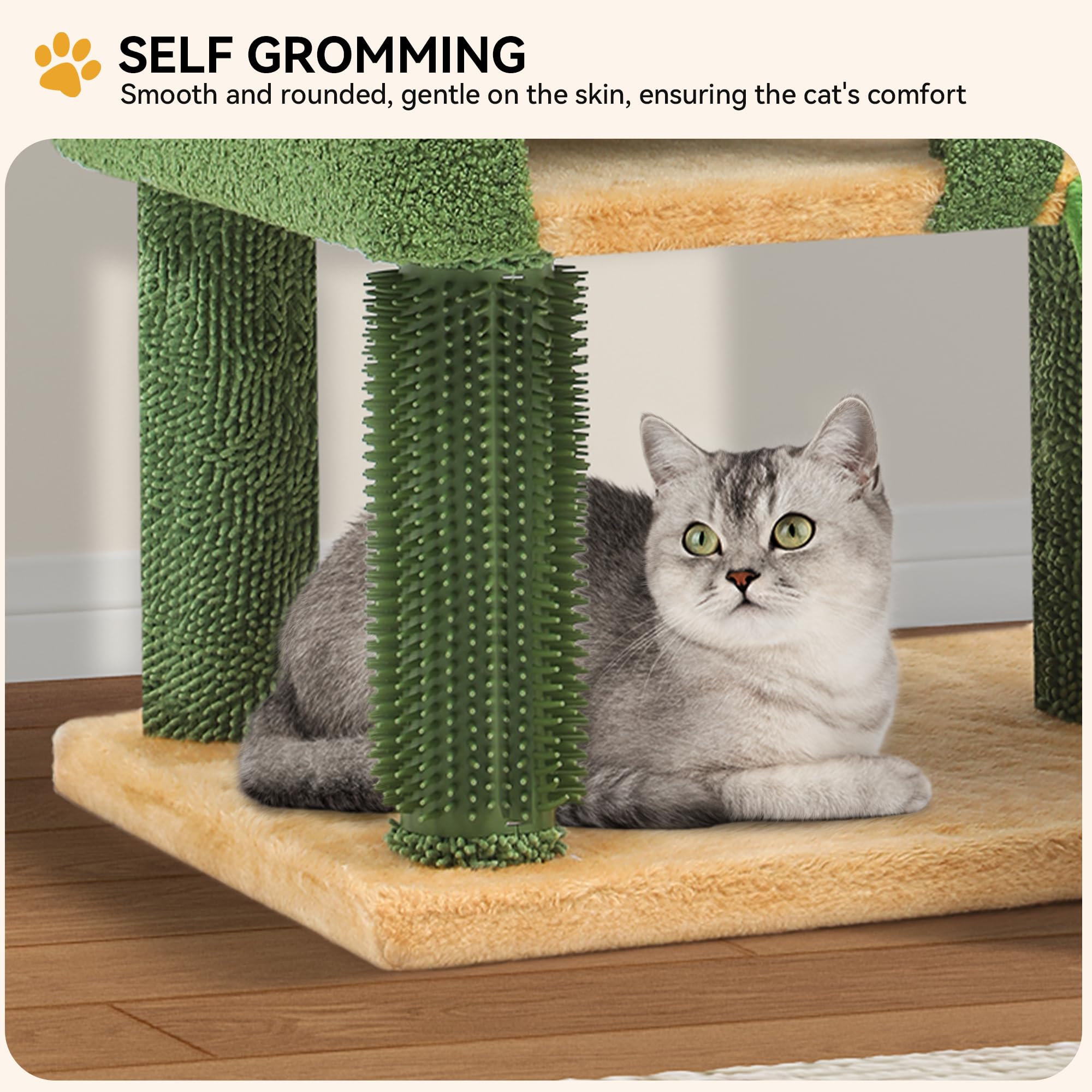 Yitahome 44.5In Tall Cactus Cat Tree Tower With Self-Grooming Brush, Cute Cat Climbing Tower For Indoor Cats With Cat Condo, Plu