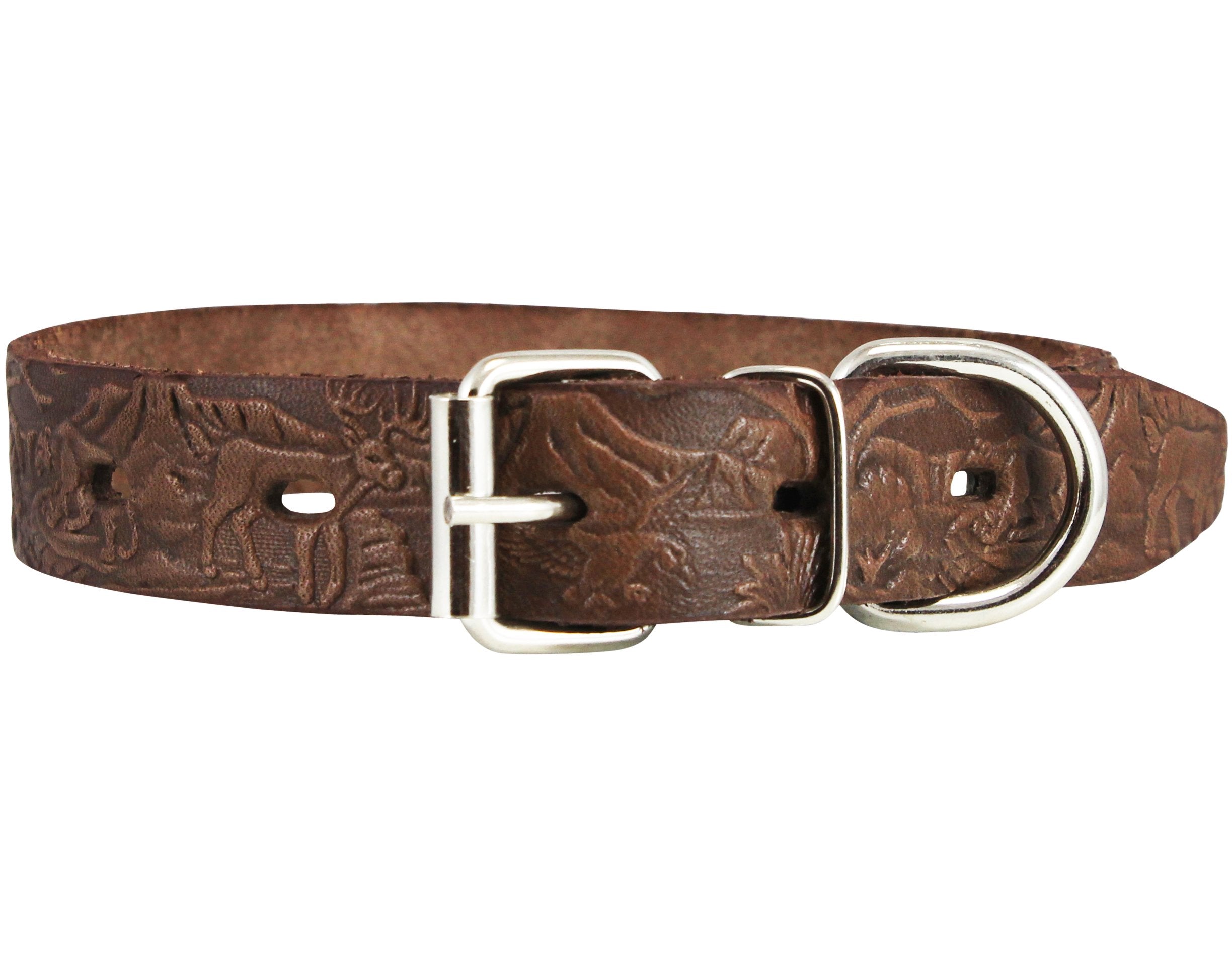 Genuine Tooled Leather Dog Collar Hunting Pattern Brown 3 Sizes (Neck Circumf: 10'-13'; 3/4' Wide)