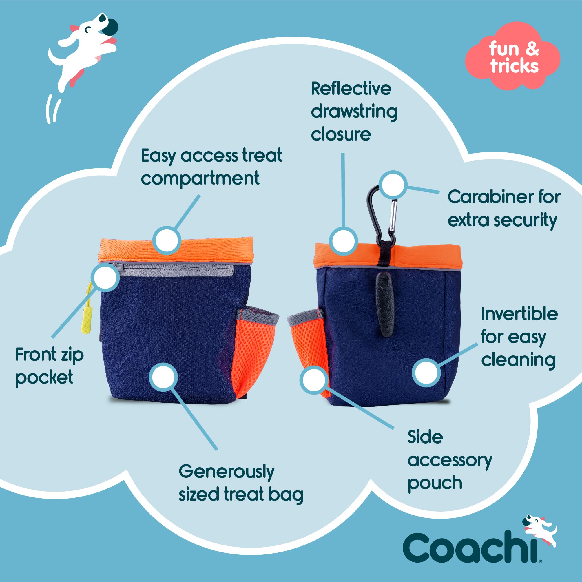 Coachi Train & Treat Bag, Pouch, Generously Sized Treat Compartment, Zipped Pocket, Drawstring Closure, Secure Attachment, Clips