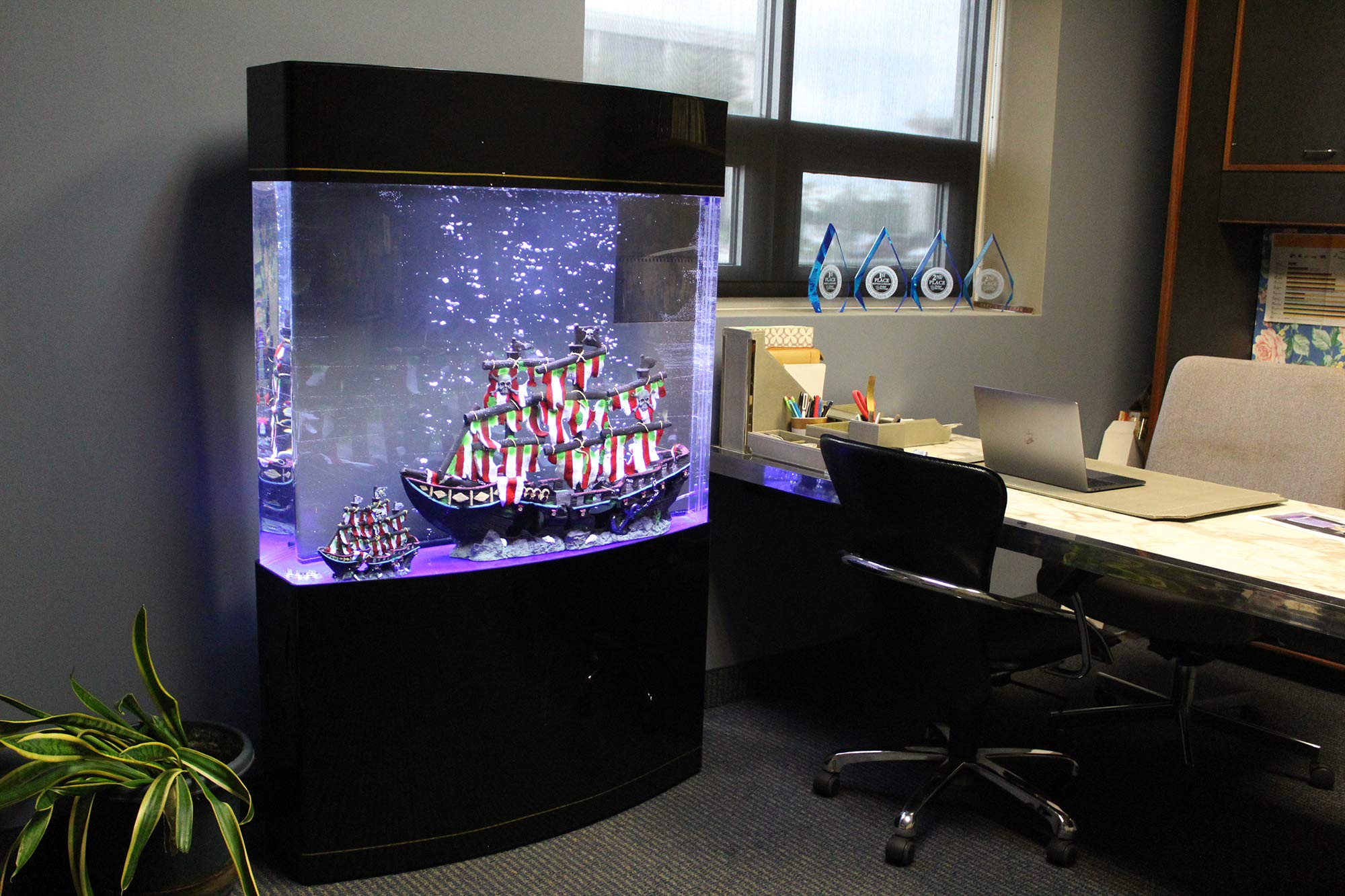 Penn-Plax Water World Luxury Large Bow Front Acrylic Aquarium With Built-In Stand And Storage Top (Lm2) - 360 View - Great For F