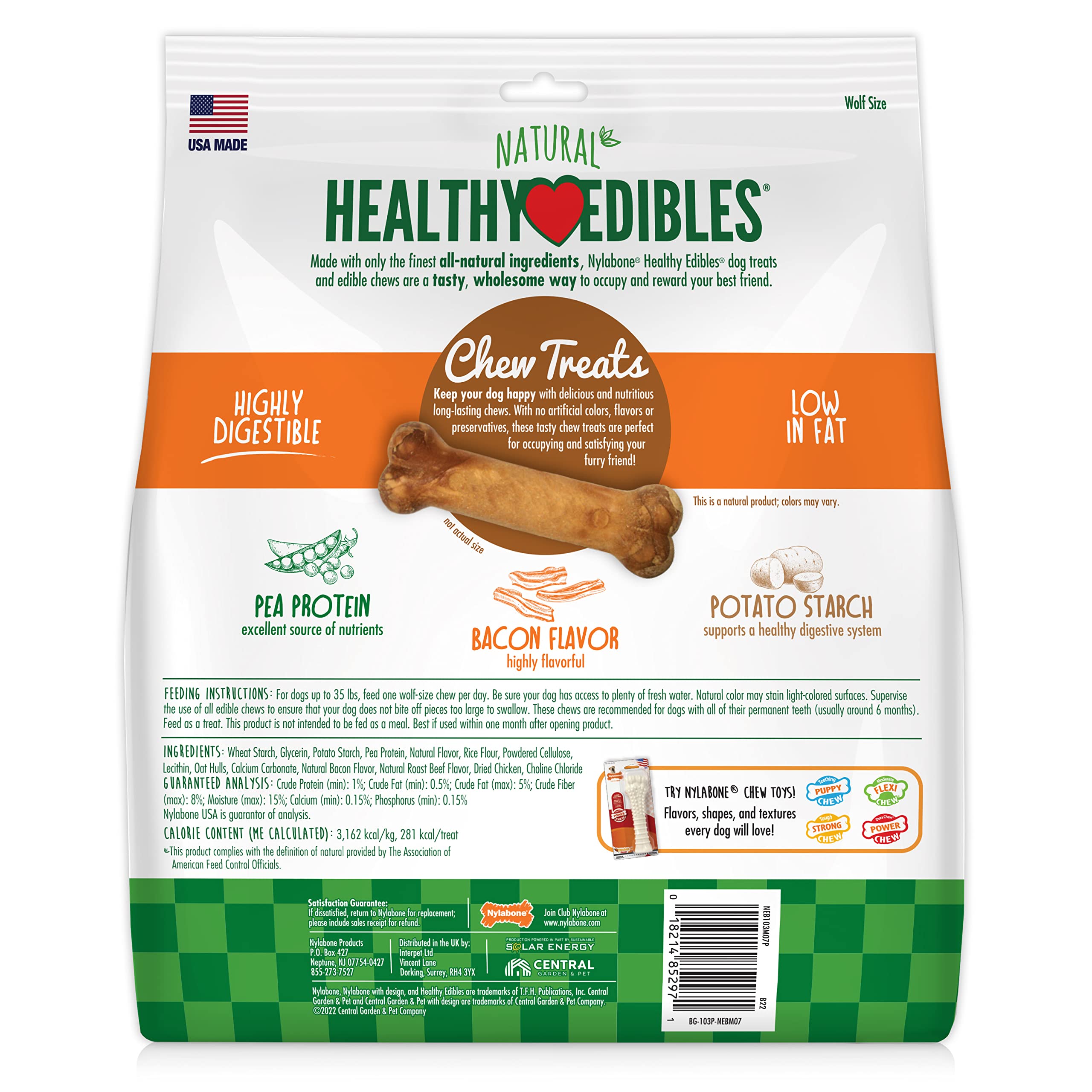 Nylabone Healthy Edibles Natural Dog Chews Long Lasting Bacon Flavor Treats for Dogs, Medium/Wolf (7 Count)