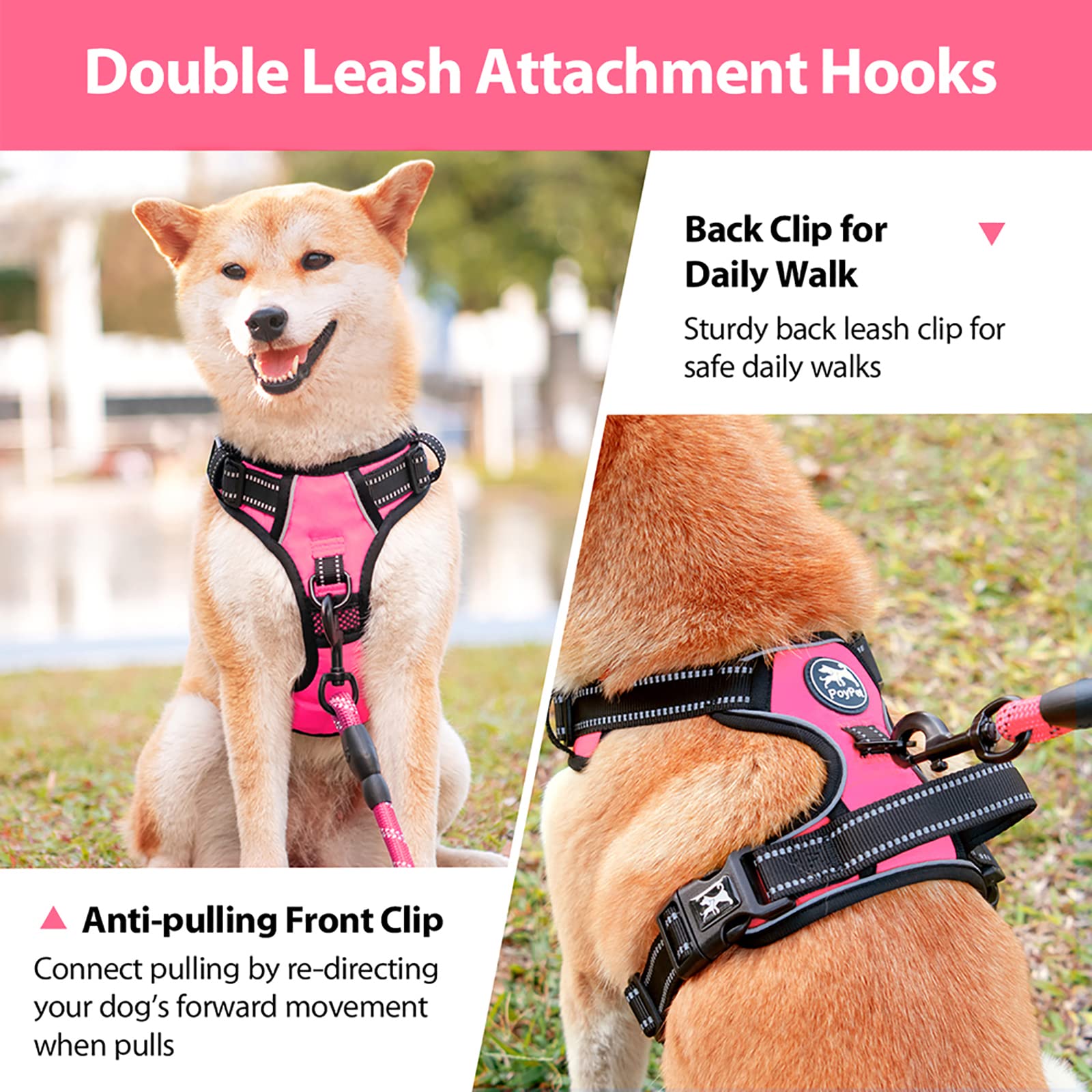 Poypet No Pull Dog Harness, No Choke Front Lead Dog Reflective Harness, Adjustable Soft Padded Pet Vest With Easy Control Handle For Small To Large Dogs(Pink,S)