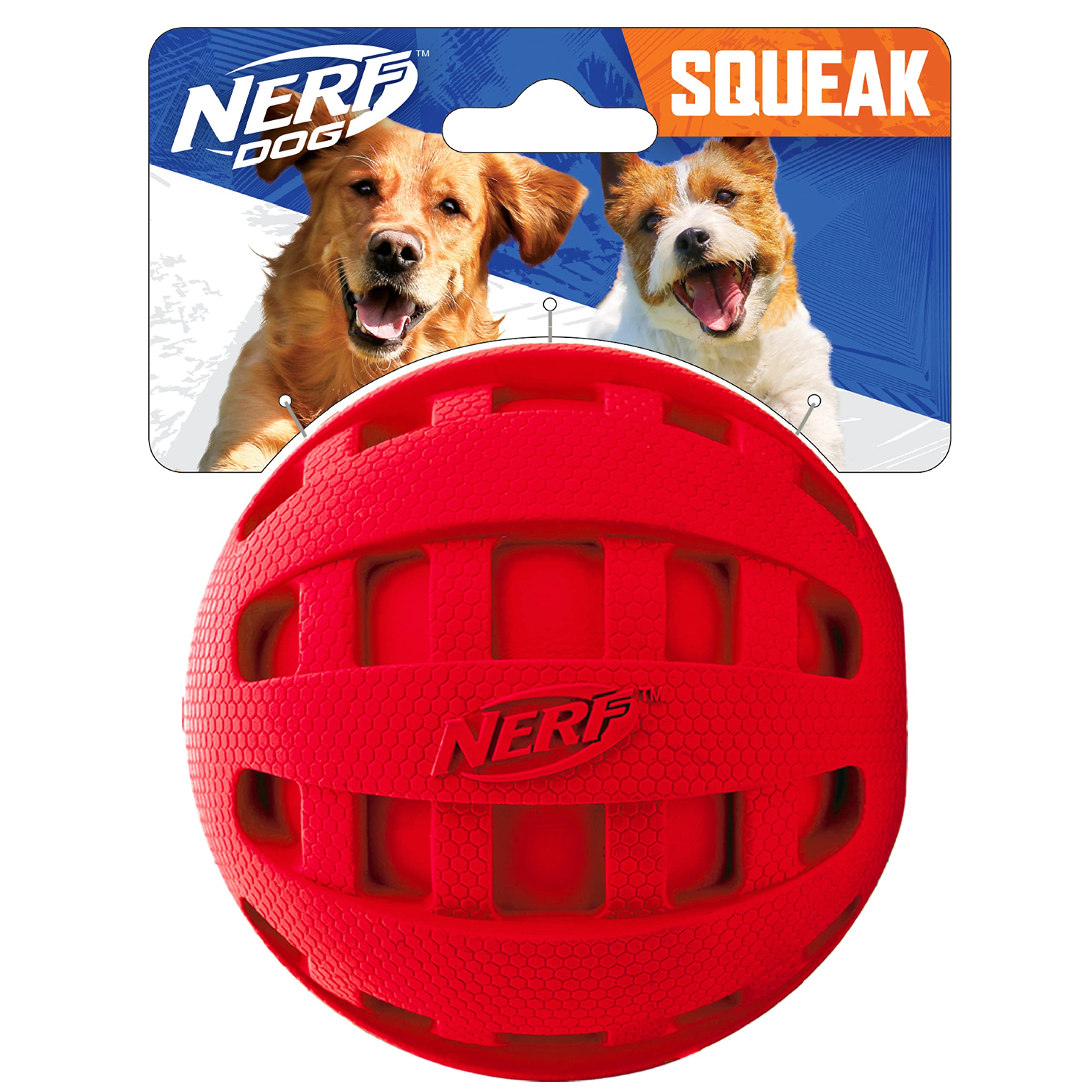 Nerf Dog Rubber Ball Dog Toy With Checkered Squeaker, Lightweight, Durable And Water Resistant, 4 Inch Diameter For Medium/Large Breeds, Single Unit, Red