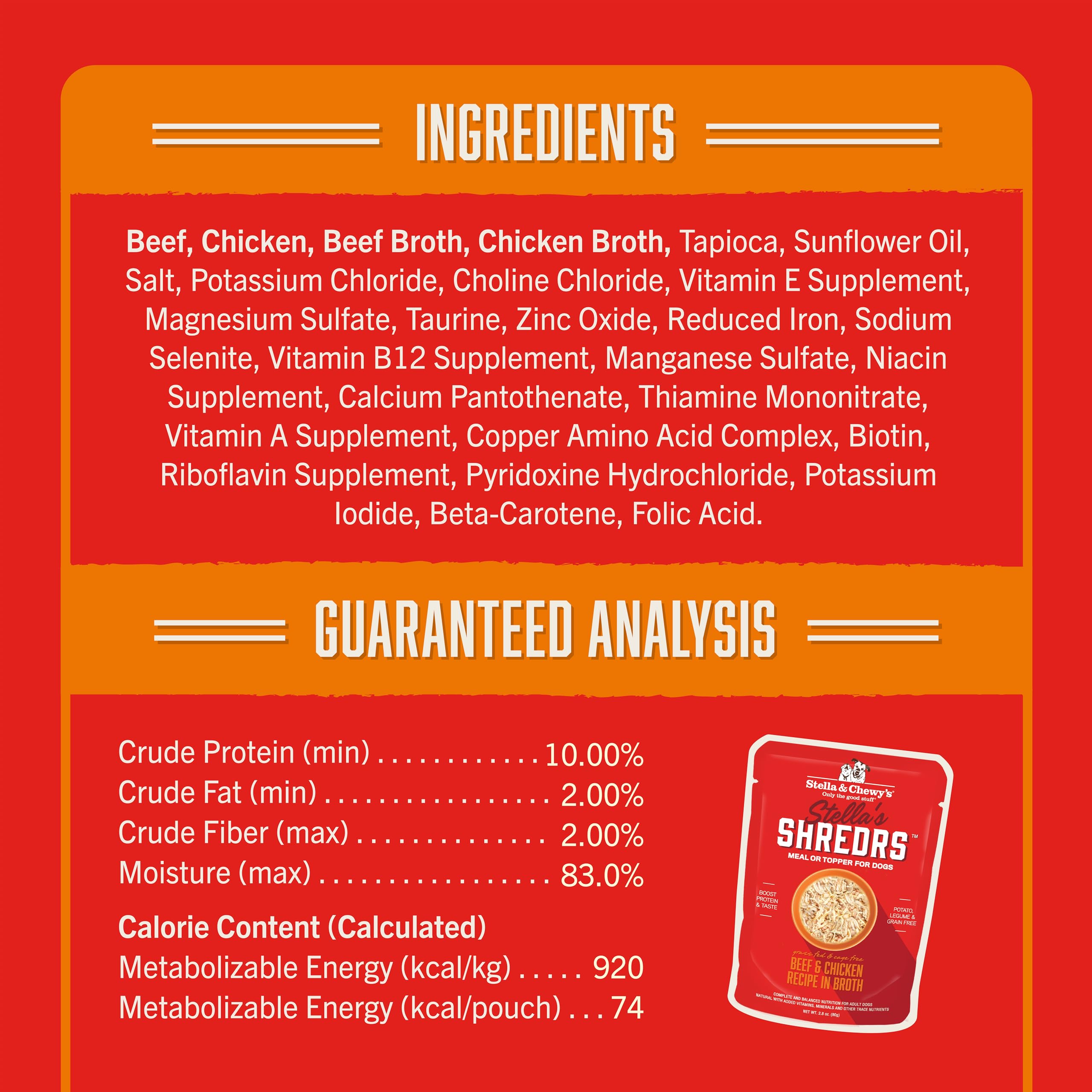 Stella & Chewys Stellas Shredrs Grass Fed & Cage Free Beef & Chicken Recipe in Broth, 2.8 oz. Pouches (Pack of 12)