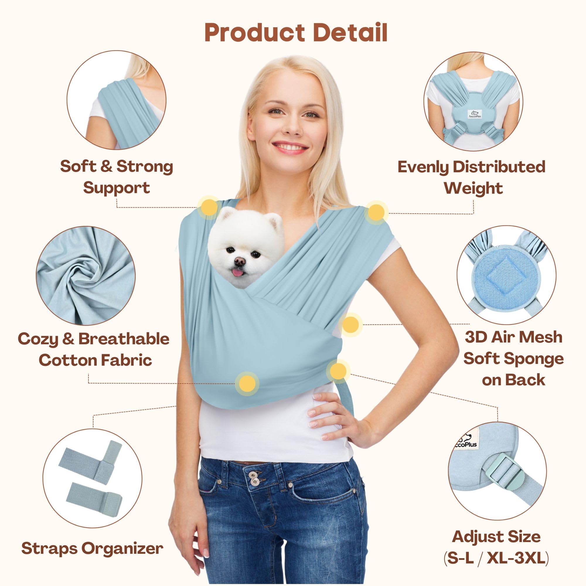 Anccoplus Dog Carriers For Small Dogs, Front Facing Dog Sling Carrier, Hands Free Cat Carrier, Size Adjustable, Reducing Back Pa