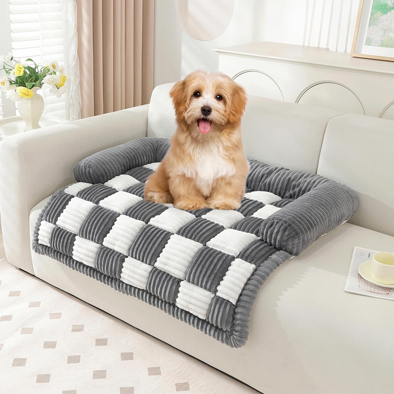 Small Dog Bed For Couch, Washable Pet Bed Mat, Checkerboard Cozy Plush Sofa Mat, Pet Couch Cover Furniture Protector For Sofa, F