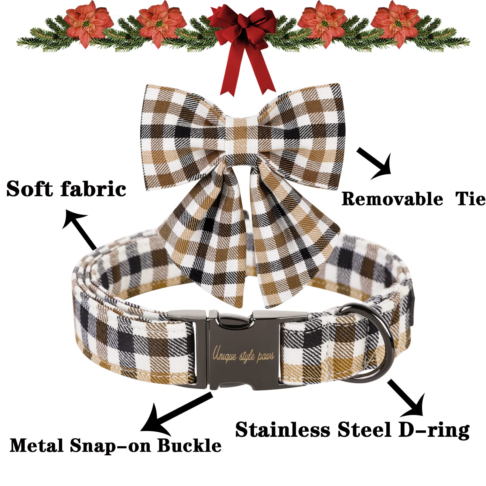 Unique Style Paws Christmas Dog Collar With Bow Tie Brown Plaid Puppy Collar For Small Medium Large Dogs As Autumn Winter Pet Gifts-Xs