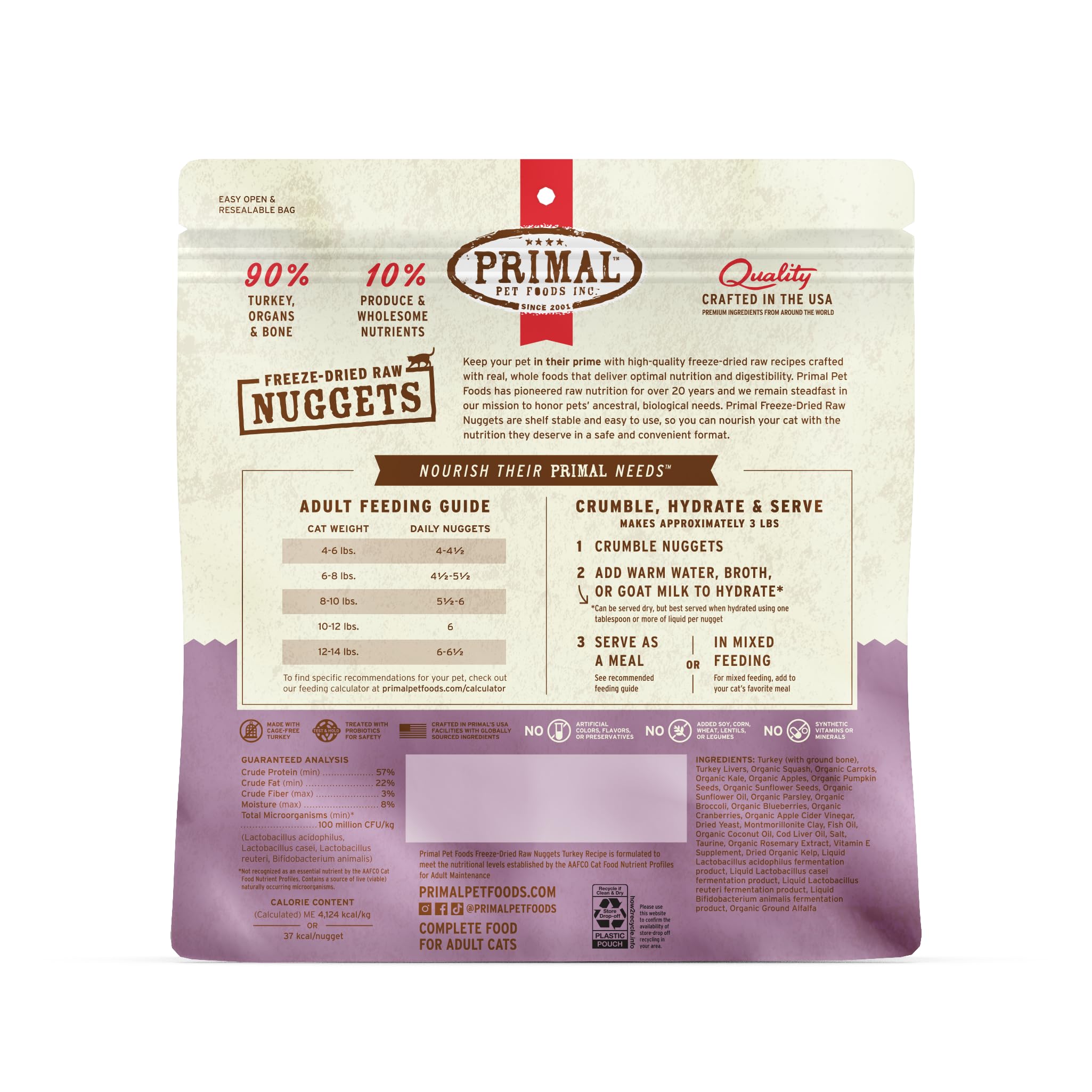 Primal Freeze Dried Raw Cat Food Nuggets Turkey, Complete & Balanced Meal or Topper, Premium, Healthy, Grain Free, High Protein
