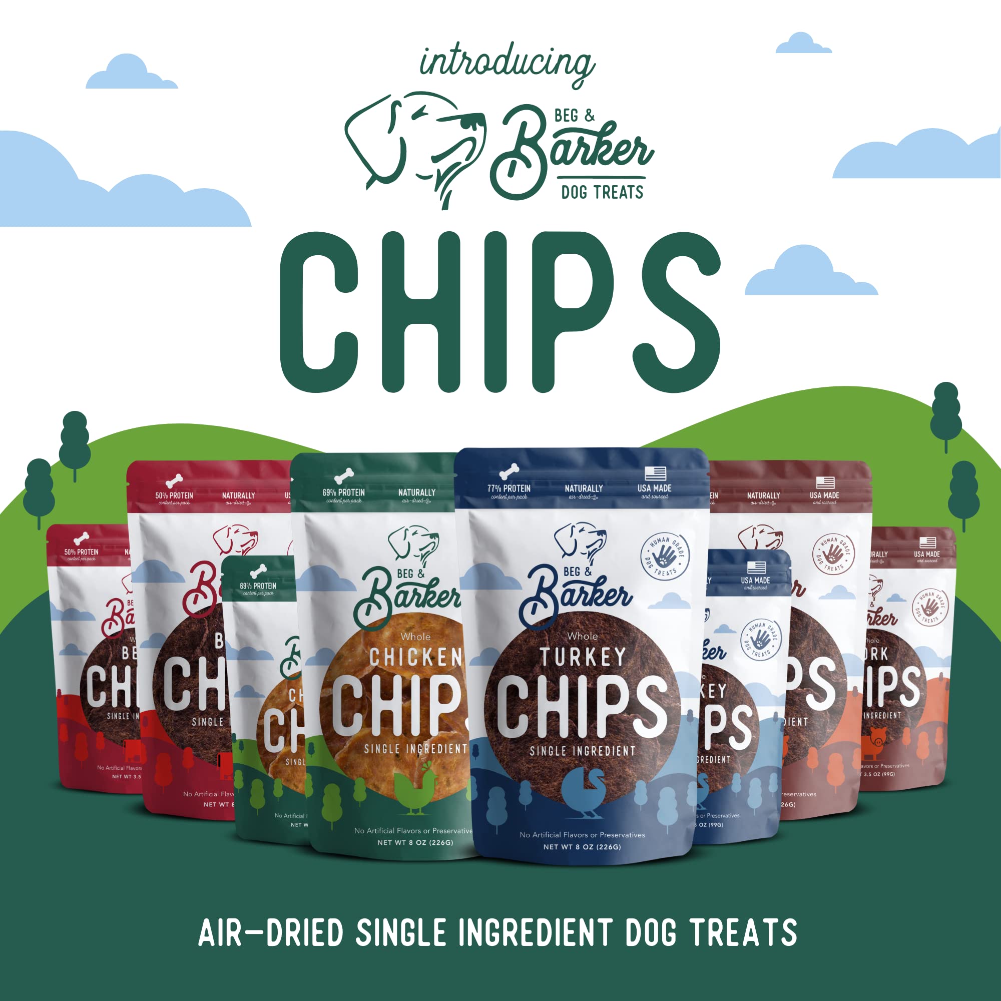 Beg & Barker Turkey Chips for Dogs (8 Ounce, Pack of 1) - Single Ingredient Dog Treats Made for Large & Small Dogs Protein Human