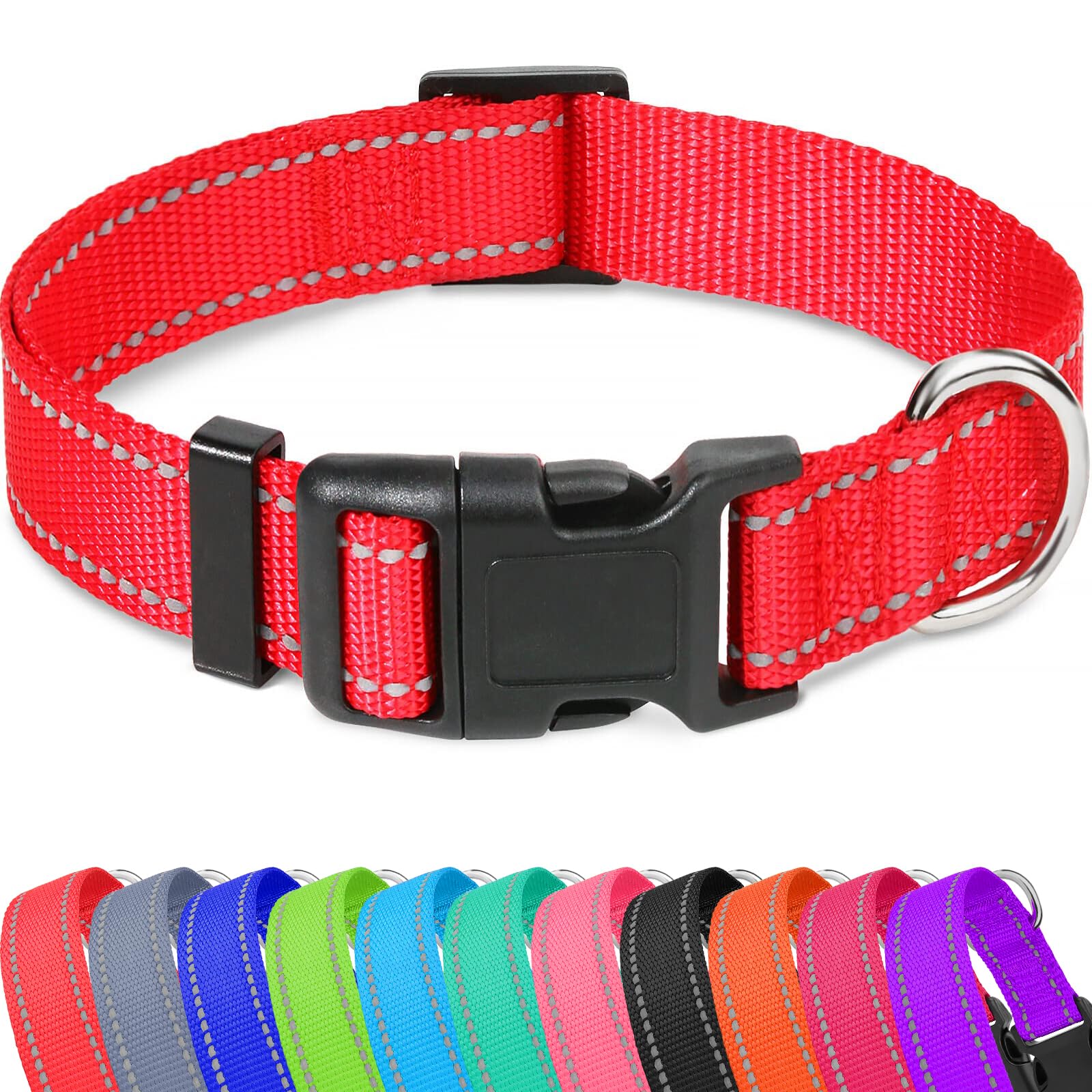 Taglory Reflective Adjustable Dog Collars For Puppy Small Medium Large Dogs, Thin Nylon Webbing And Quick Release Plastic Buckle(Red,Large)