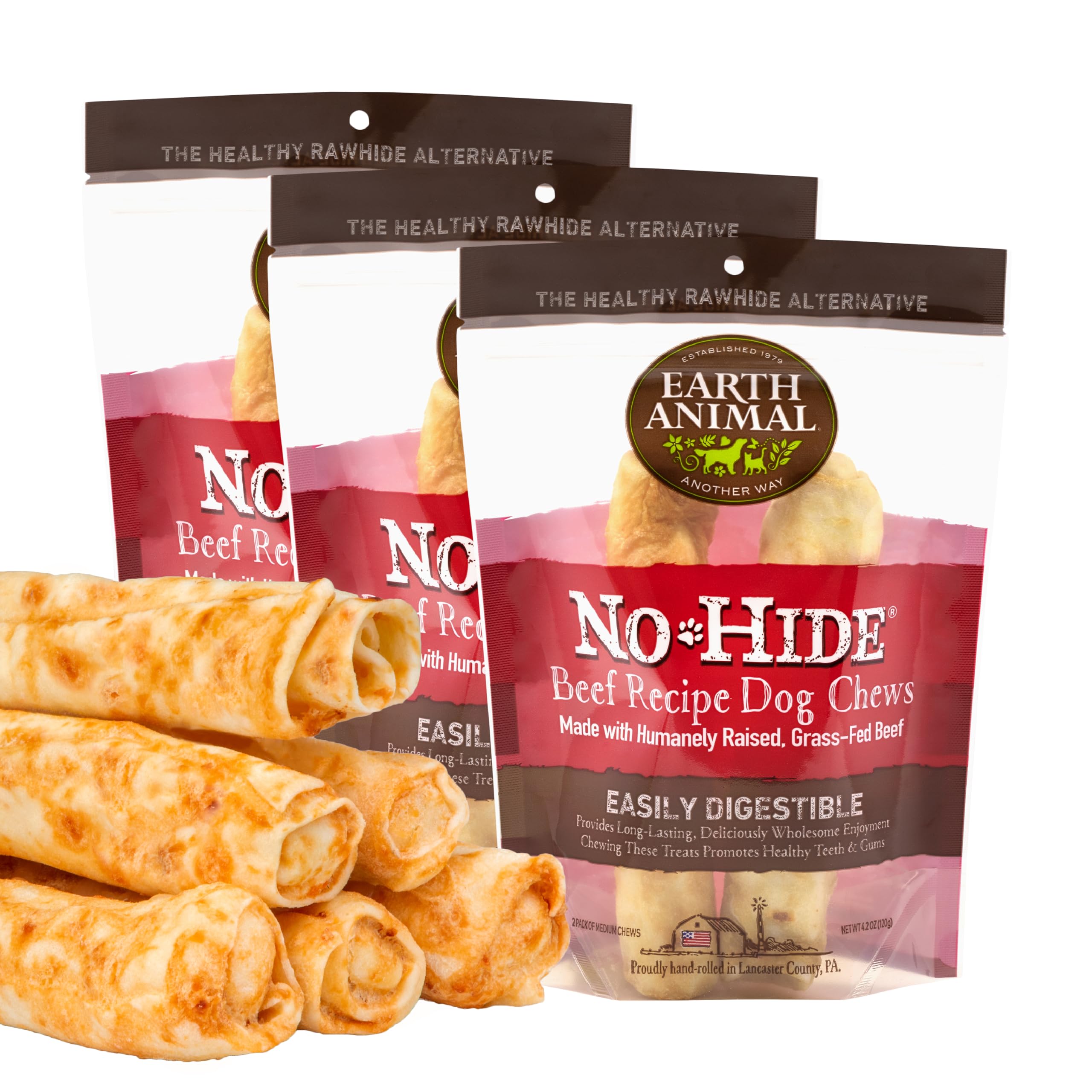Earth Animal No Hide Medium Beef Flavored Natural Rawhide Free Dog Chews Long Lasting Chew Sticks | Treats for Large Dogs | Grea