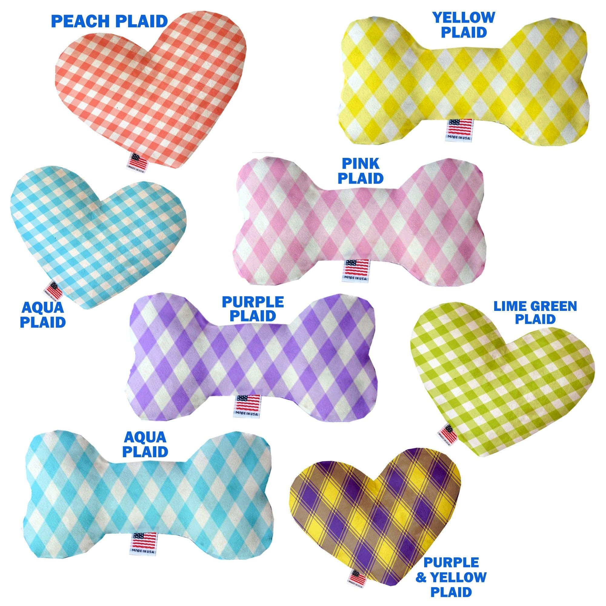 Pet and Dog Plush Heart or Bone Toy, "Plaids Group" (Available in different sizes, and 7 different pattern options!) Aqua Plaid 8" Plush Heart