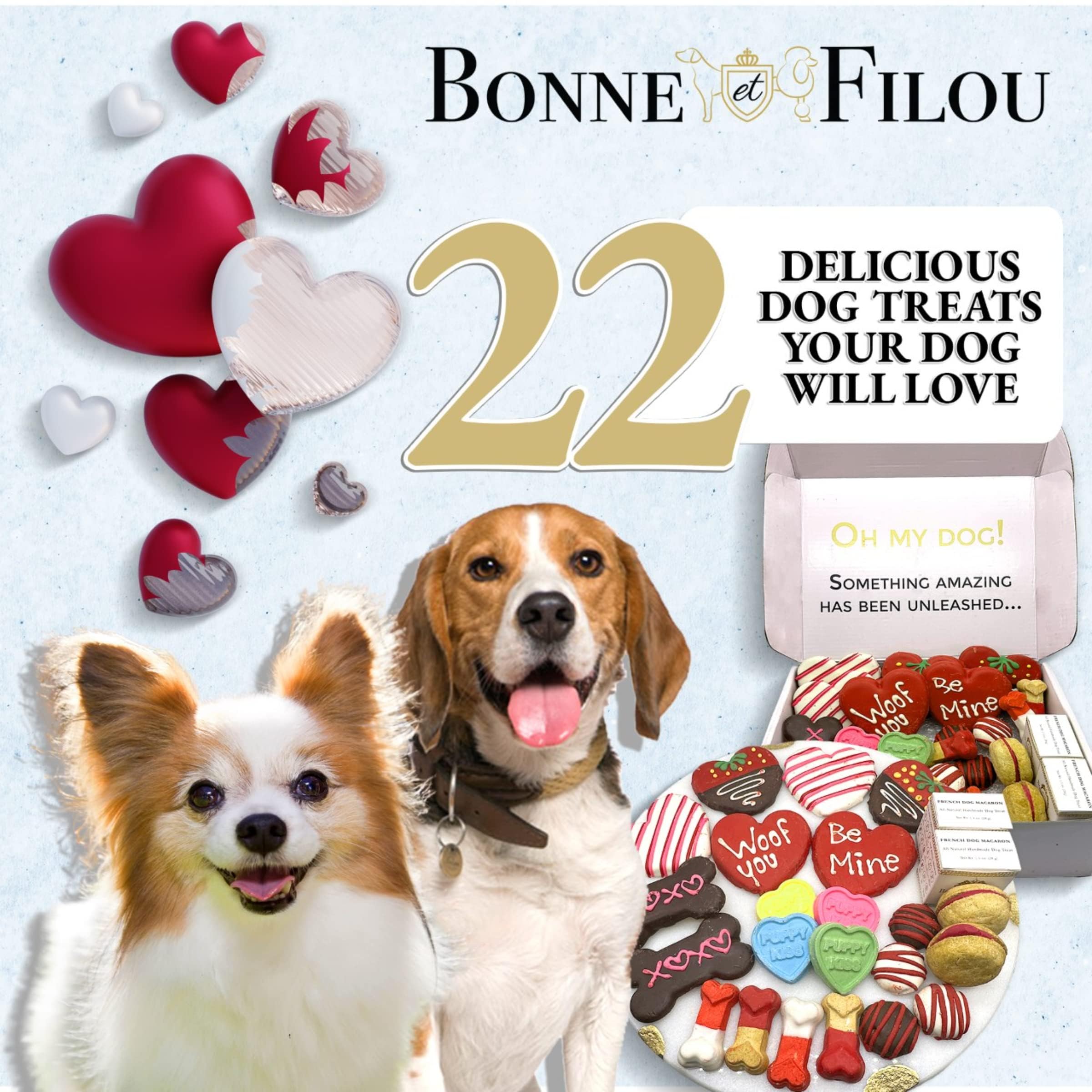 Bonne et Filou Love Dog Treats Gift Box, 22 Luxury Macarons, Truffles & Bone Cookies, Healthy & Delicious Snacks for Medium to L