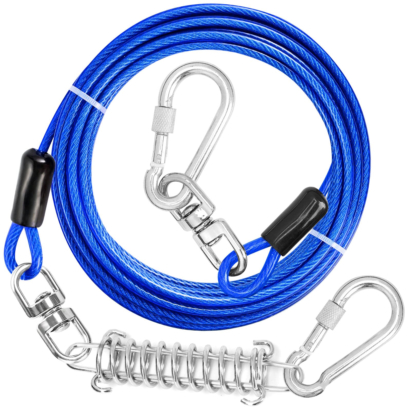 Jenico Dog Tie Out Cable, 10/15/20/30/40/50/70/100/150FT Runner Cable with Swivel Hook and Shock Spring, Yard and Camping Dog Le