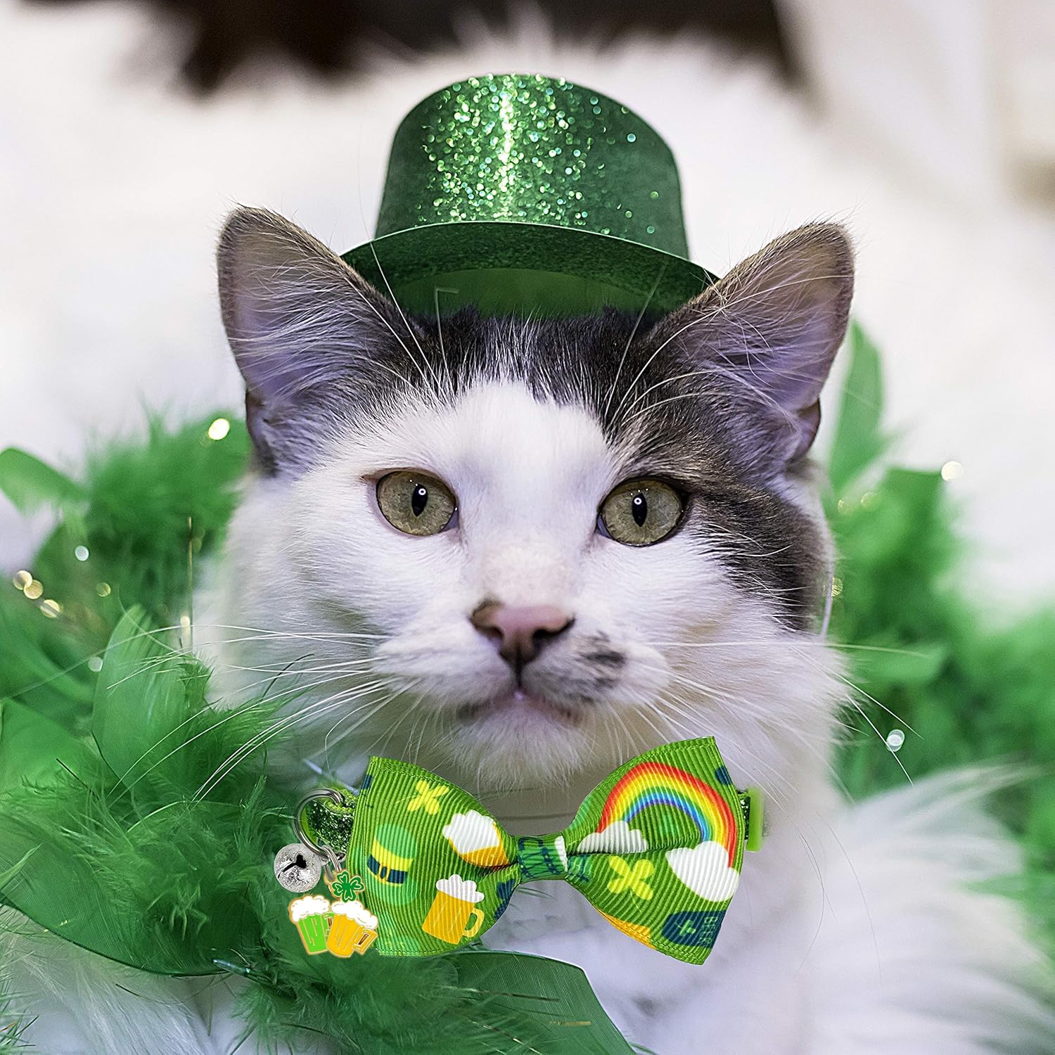 St. Patrick'S Day Cat Collar With Bow Tie And Bell, Adjustable Breakaway Shamrock And Rainbow Kitty Collar, Holiday Accessories