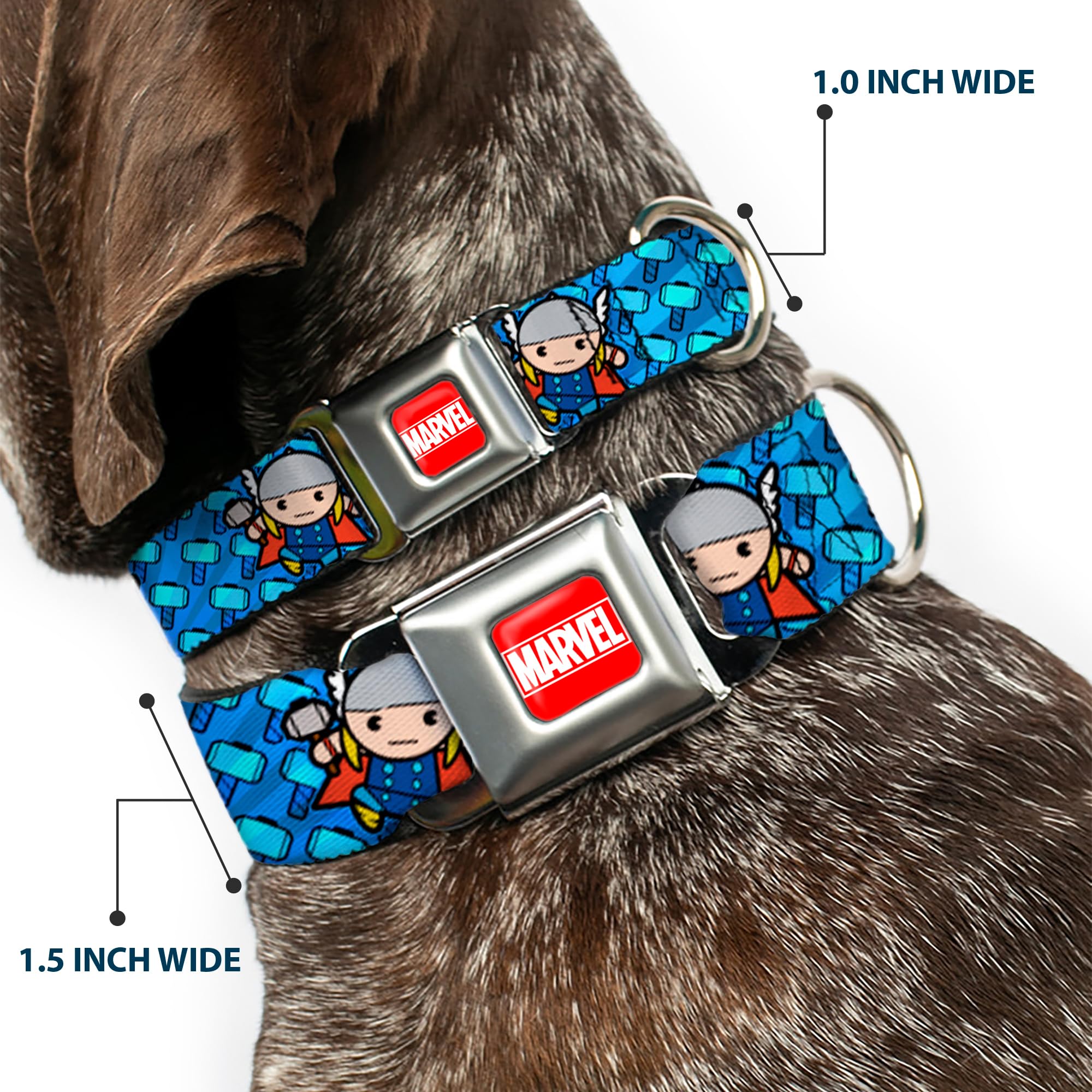 Buckle-Down Dog Collar Seatbelt Buckle Kawaii Thor Poses Hammer Monogram Blues, Multicolor, 1.5' Wide - Fits 18-32' Neck - Lar