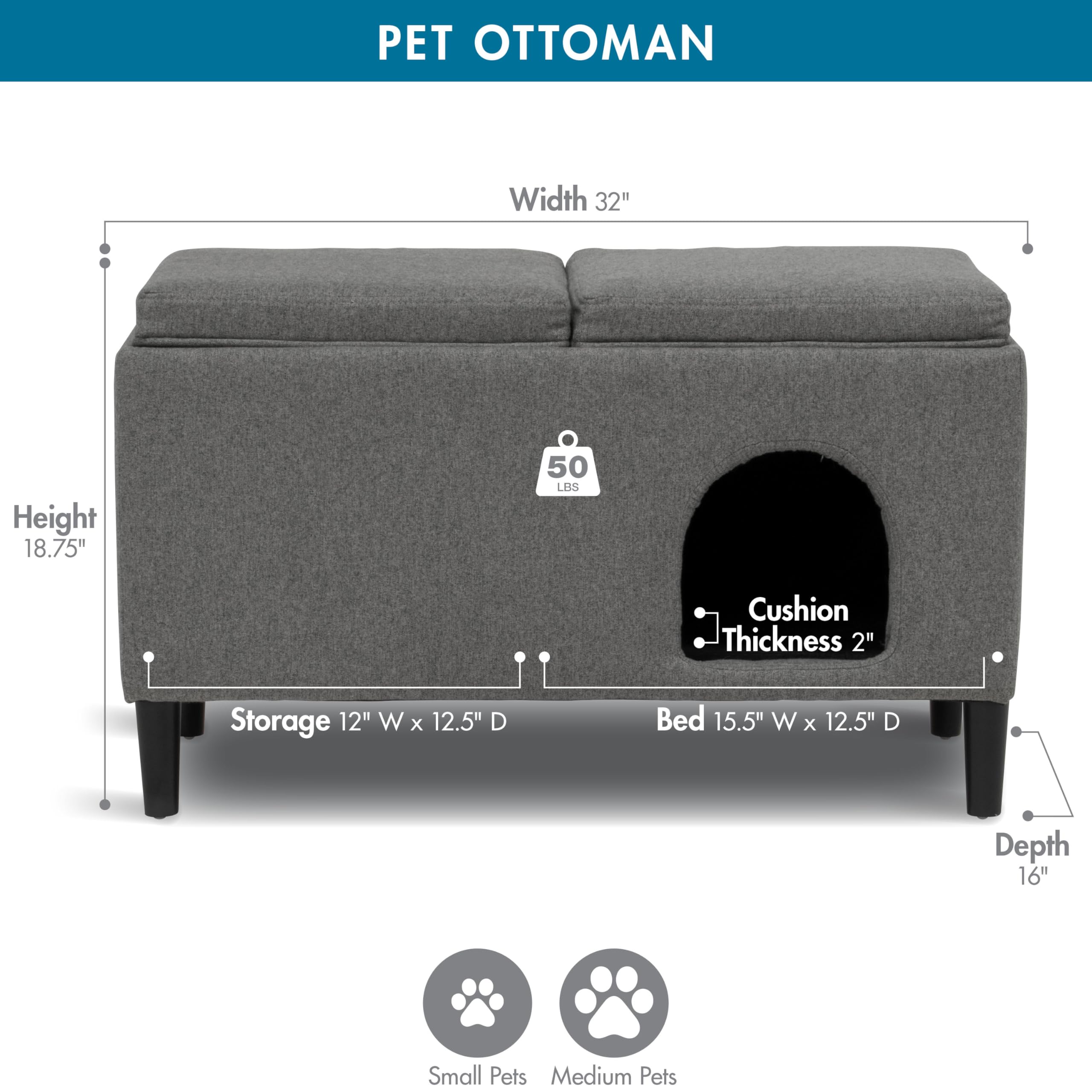 Paws & Purrs Modern Dual-Purpose Ottoman & Multi-Cat Bed, Large, Gray, Model 61210, Stylish 2-in-1 Footstool with Hidden Storage
