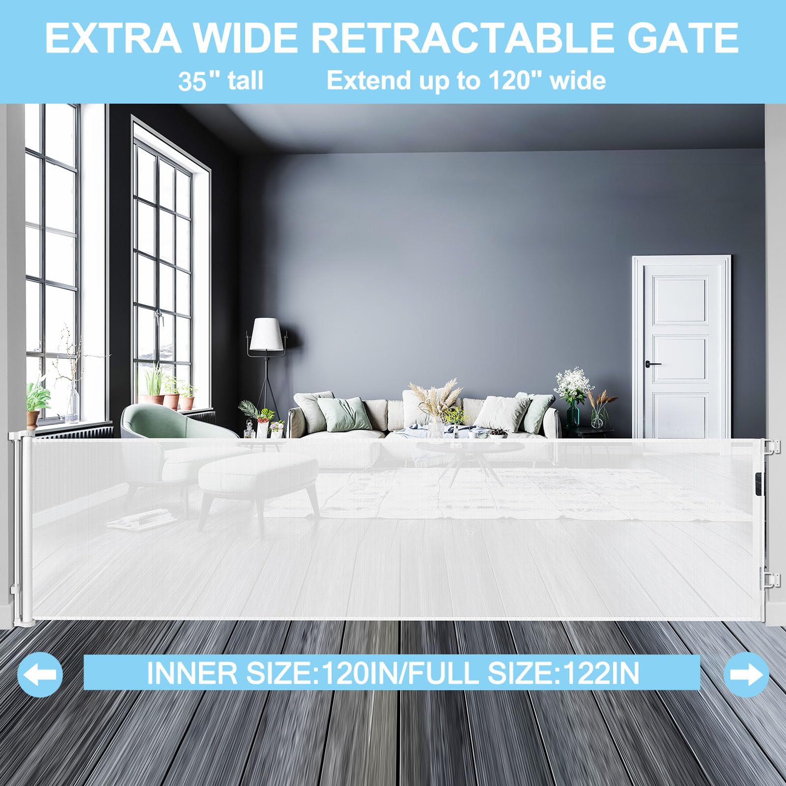 Moms Choice Awards Winner - 120 Inch Extra Wide Baby Gate for Doorway Extra Long Retractable Puppy Gates for The House Mesh Lar