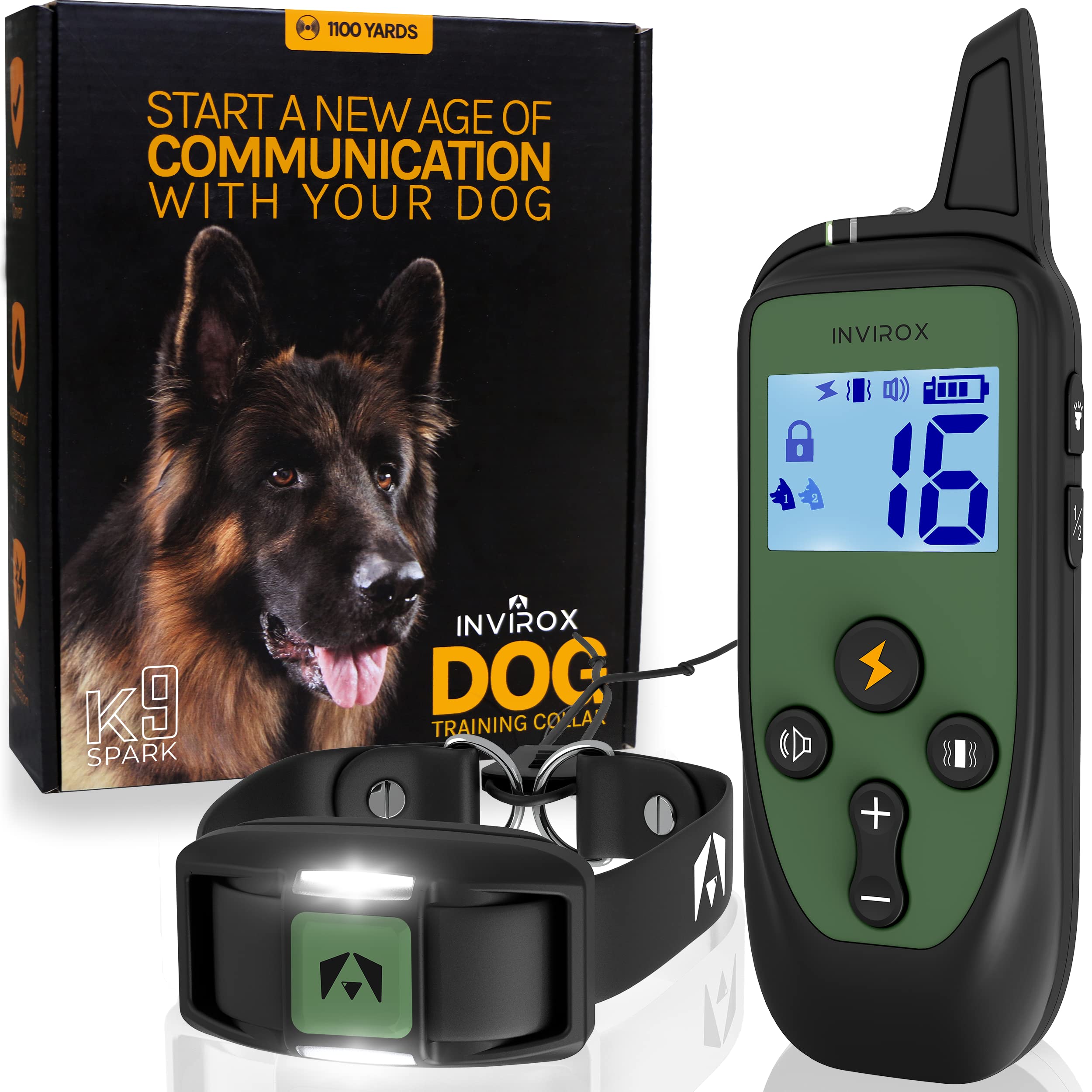 Invirox Shock Collar For Large Dog [Spark K9] 124 Levels Dog Training Collar With Remote 1100Yd Range, Night-Light Mode Dog Shoc