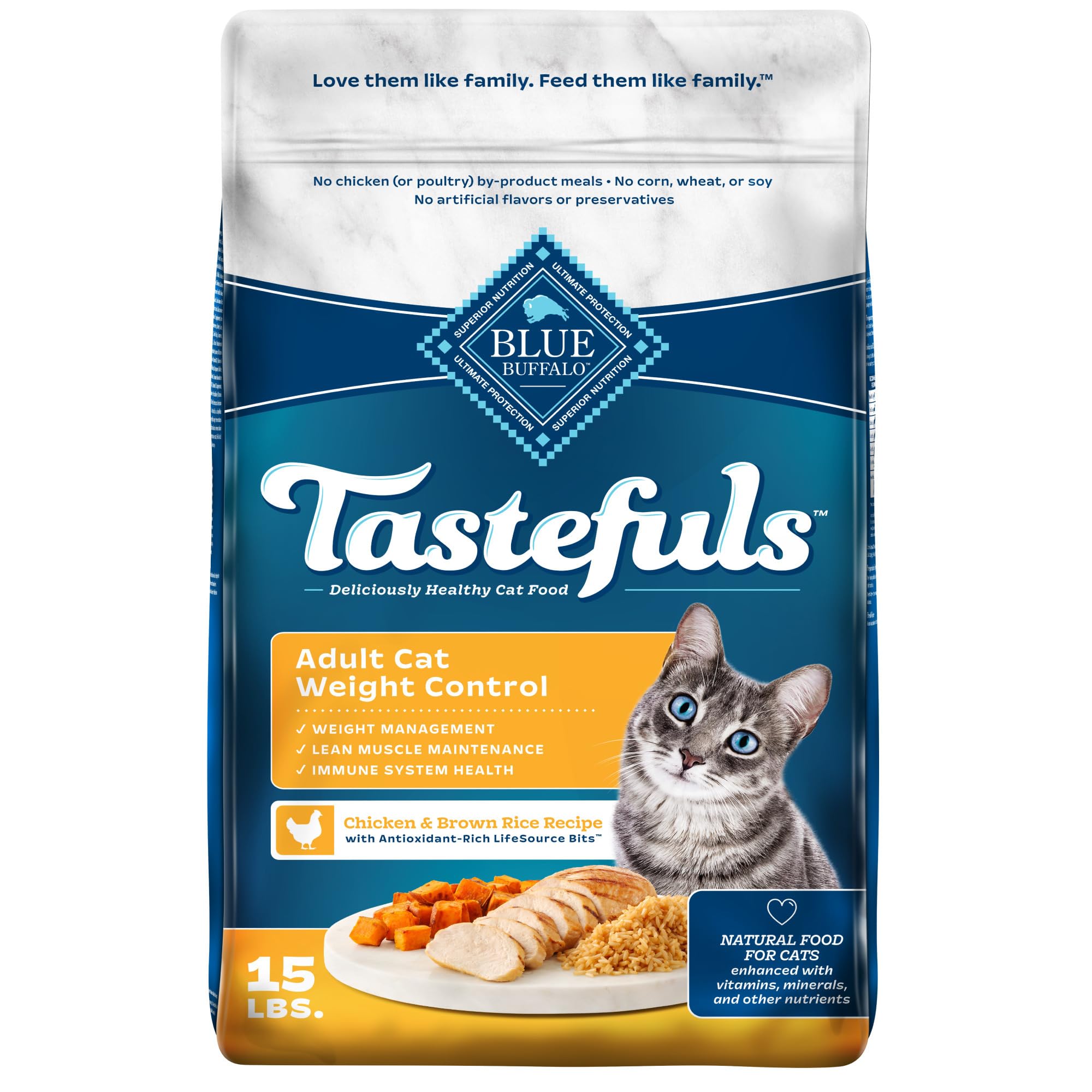 Blue Buffalo Tastefuls Natural Food for Adult Cats, Weight Control, 15-lb. Bag