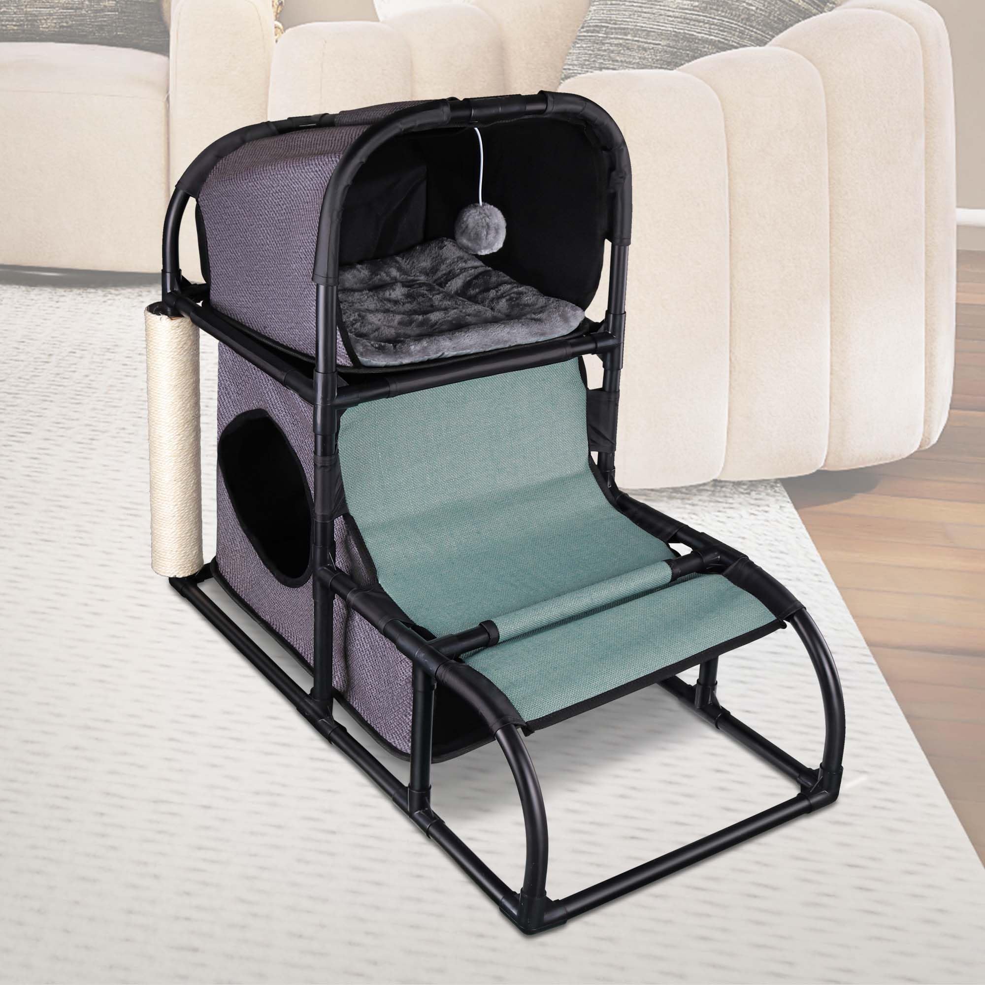 Goetland PVC Modern Cat Condo Cat House Cat Tree Medium Cat Tower Bed Scratching Post Climber Peek Dangling Ball Hole for Kitty