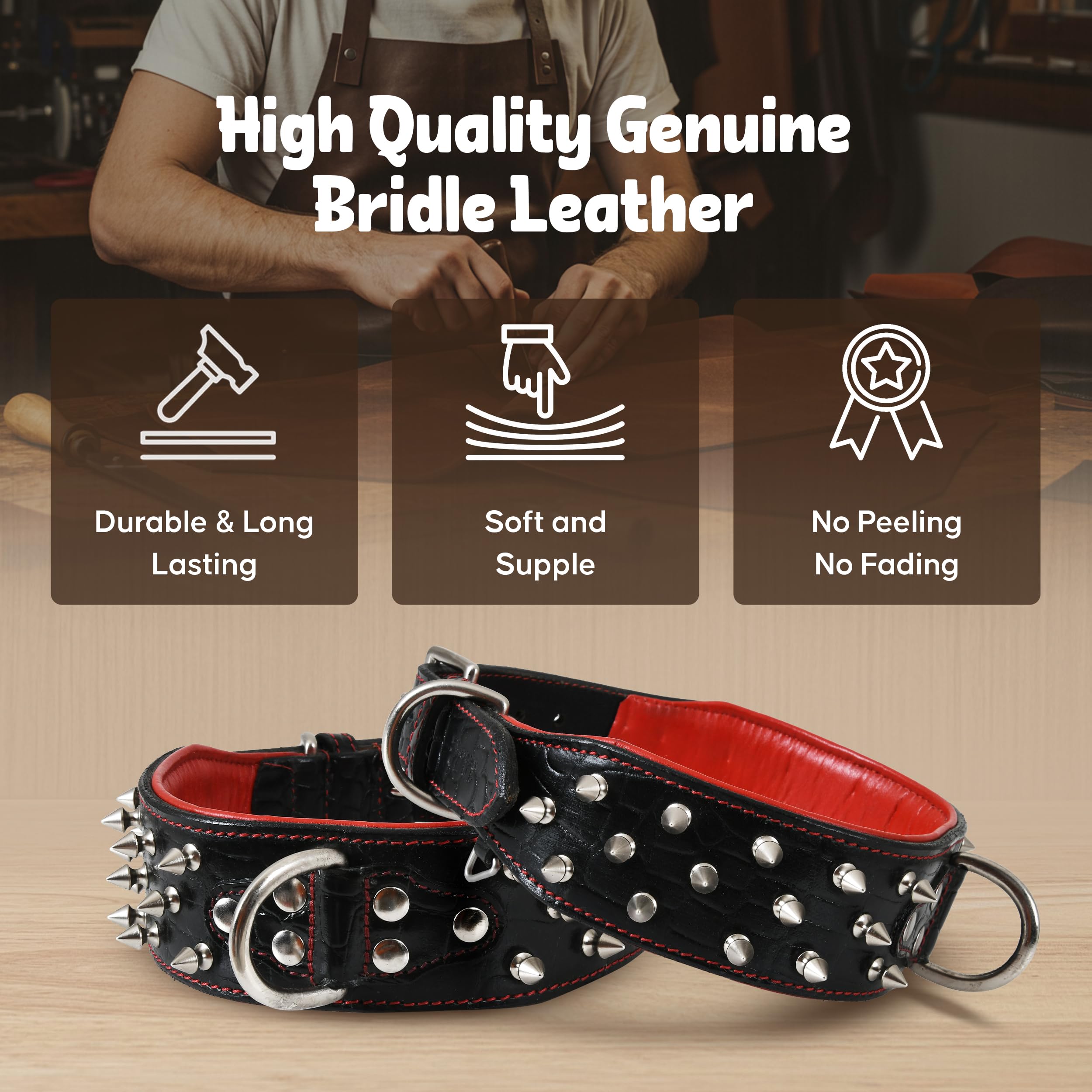 Dowgclub Premium Genuine Leather Spike Dog Collar, Crocodile Pattern, Gator Design | Full Grain, Heavy Duty, Exotic, Distinguish