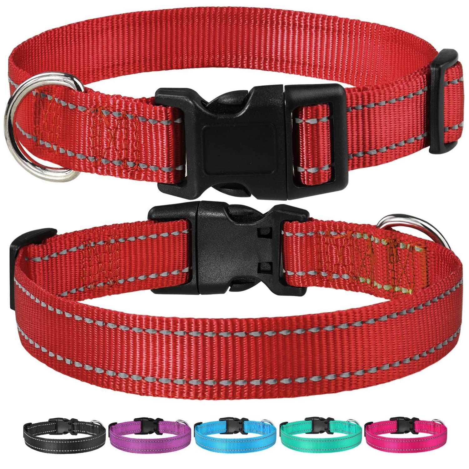 Reflective Dog Collar With Buckle Adjustable Safety Nylon Collars For Small Medium Large Dogs, Red Xs