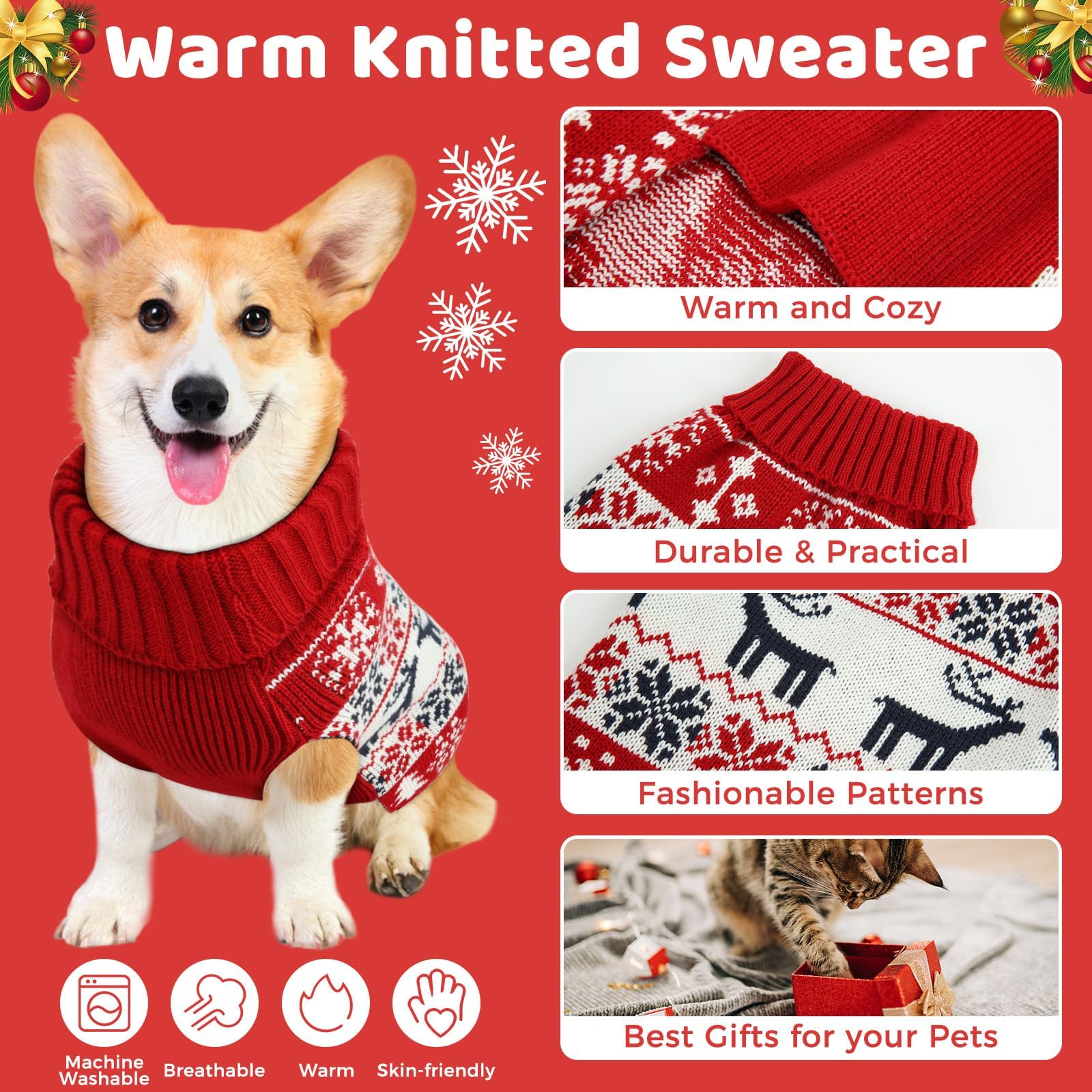 Christmas Dog Sweaters For Small, Medium, Large Dogs - Turtleneck, Soft, Warm, Double Knitting - Cat Clothes Xxs