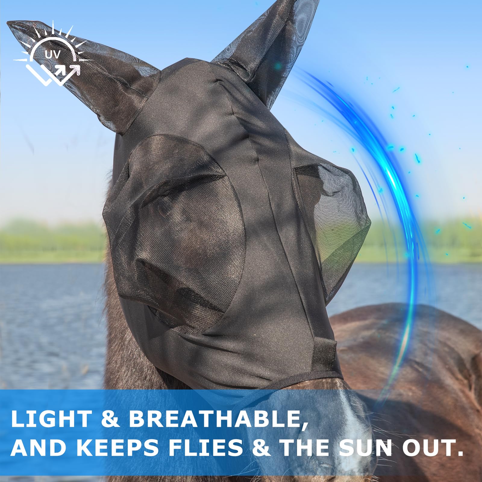 Stretchy Menjo Outdoors Horse Fly Mask with Ears, UV Protection for Horses, Breathable Comfortable Black Fly Mask Suitable for Q