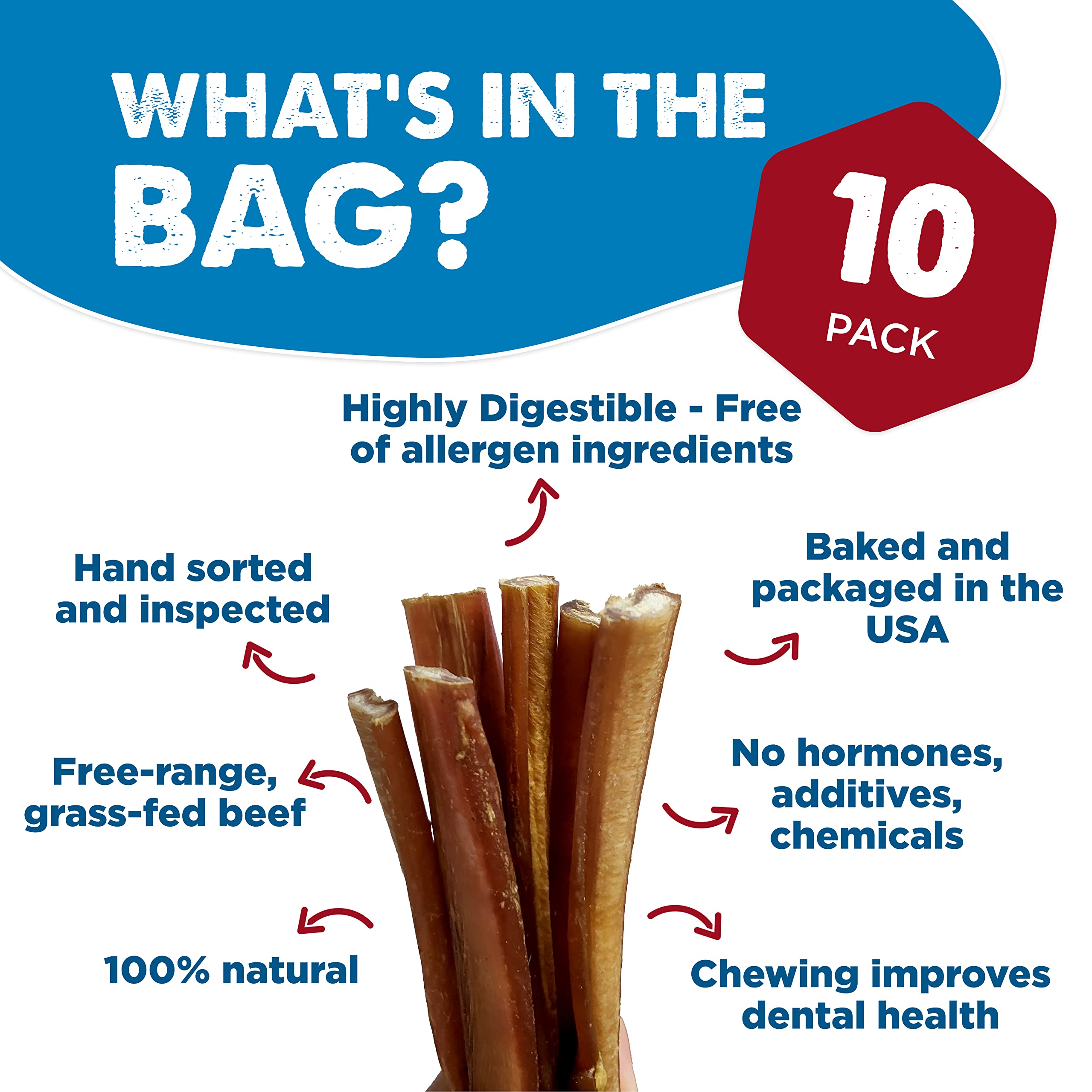 Best Bully Sticks 12 Inch All-Natural USA-Baked Bully Sticks for Dogs - 12    Fully Digestible, 100% Grass-Fed Beef, Grain and R