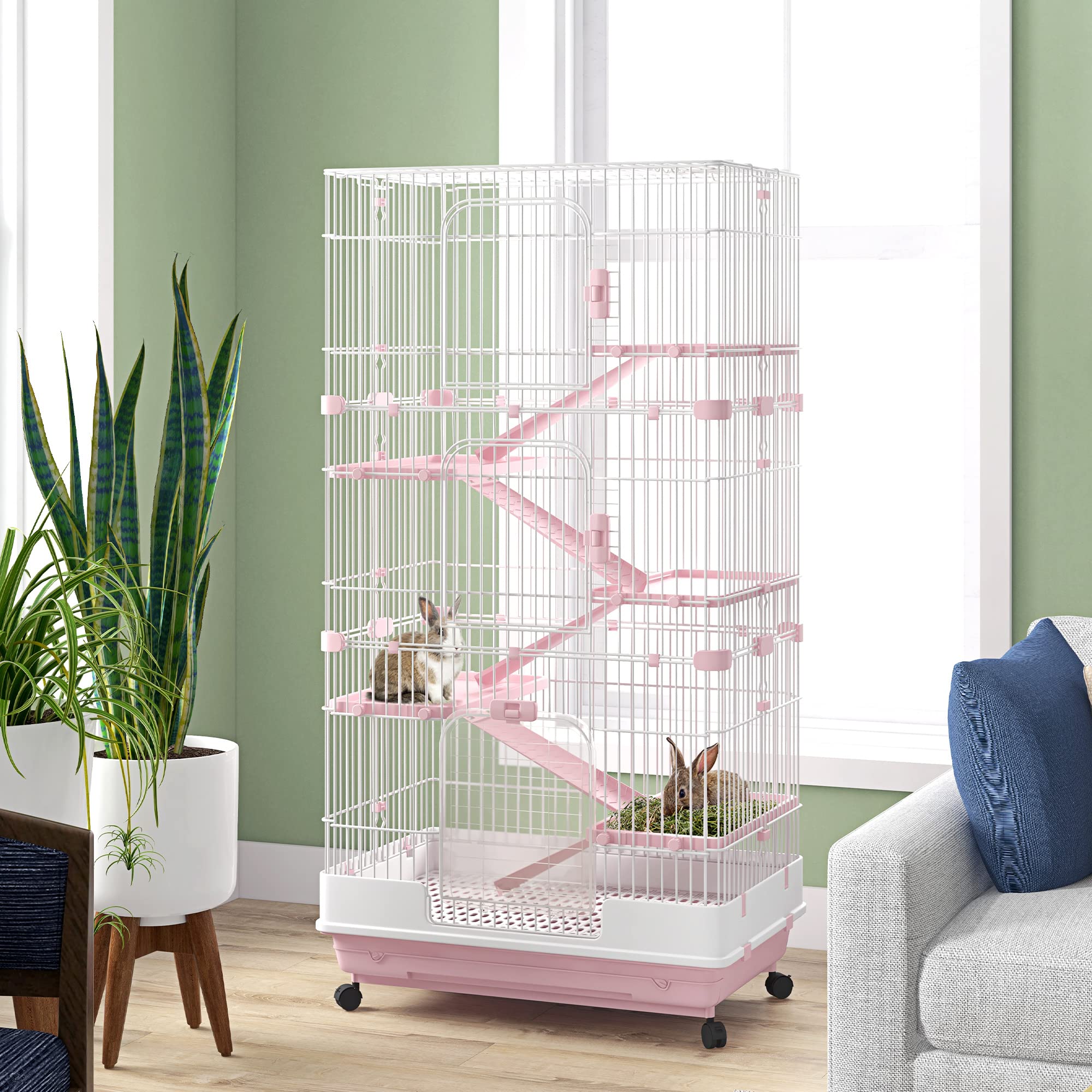 Pawhut 6-Level Small Animal Cage Rabbit Hutch With Wheels, Removable Tray, Platform And Ramp For Bunny, Chinchillas, Ferret, Pink