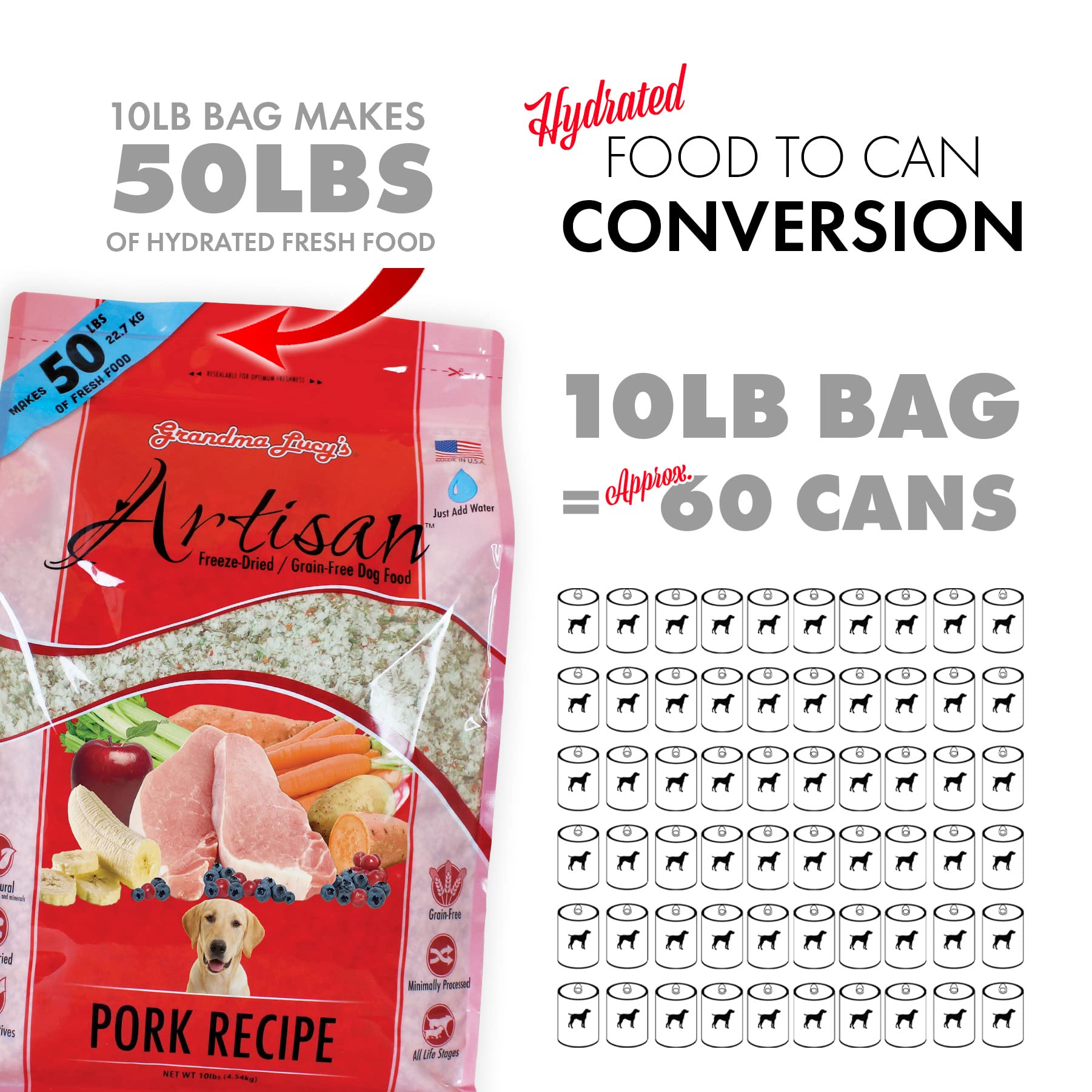 Grandma Lucys Artisan Dog Food, Grain Free and Freeze-Dried - Artisan Pork, 3Lb Bag
