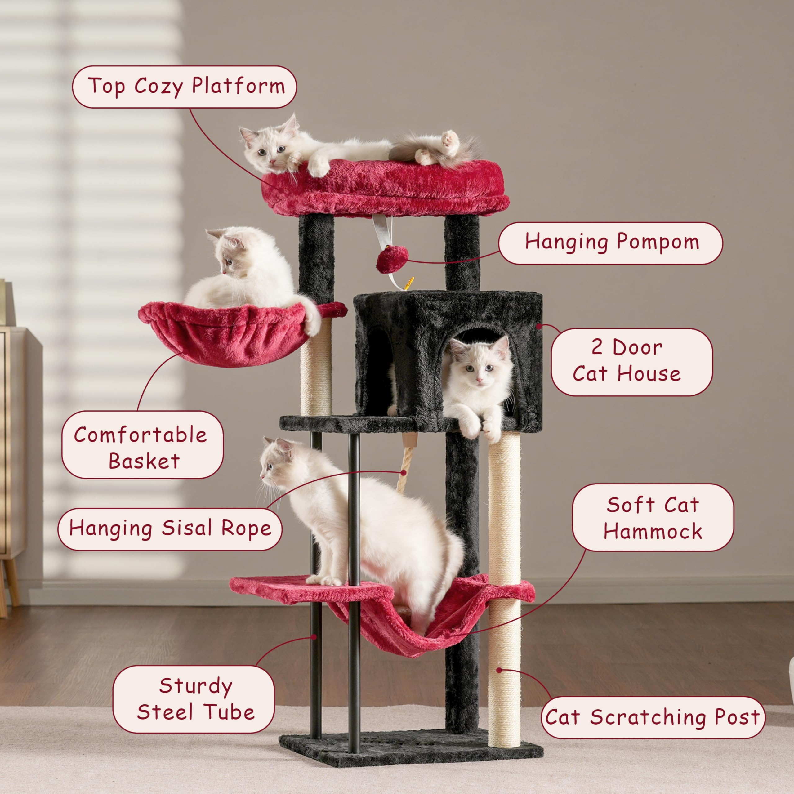 Gitelsnour Cat Tree, Cat Tower For Indoor Cats, 43.3 Inch Gothic Cat Tree Tower With Sturdy Steel Tube, Hammock, Cat Condo For S