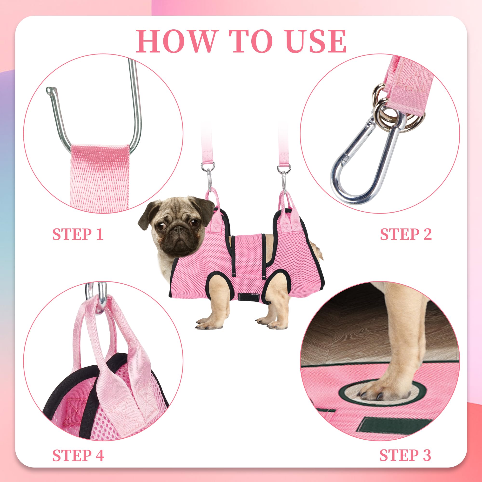 PatiencET Dog Grooming Hammock - Pink Pet Sling for Cats & Dogs, Size S, Includes Security Strap, Nail Clippers, File, and Comb