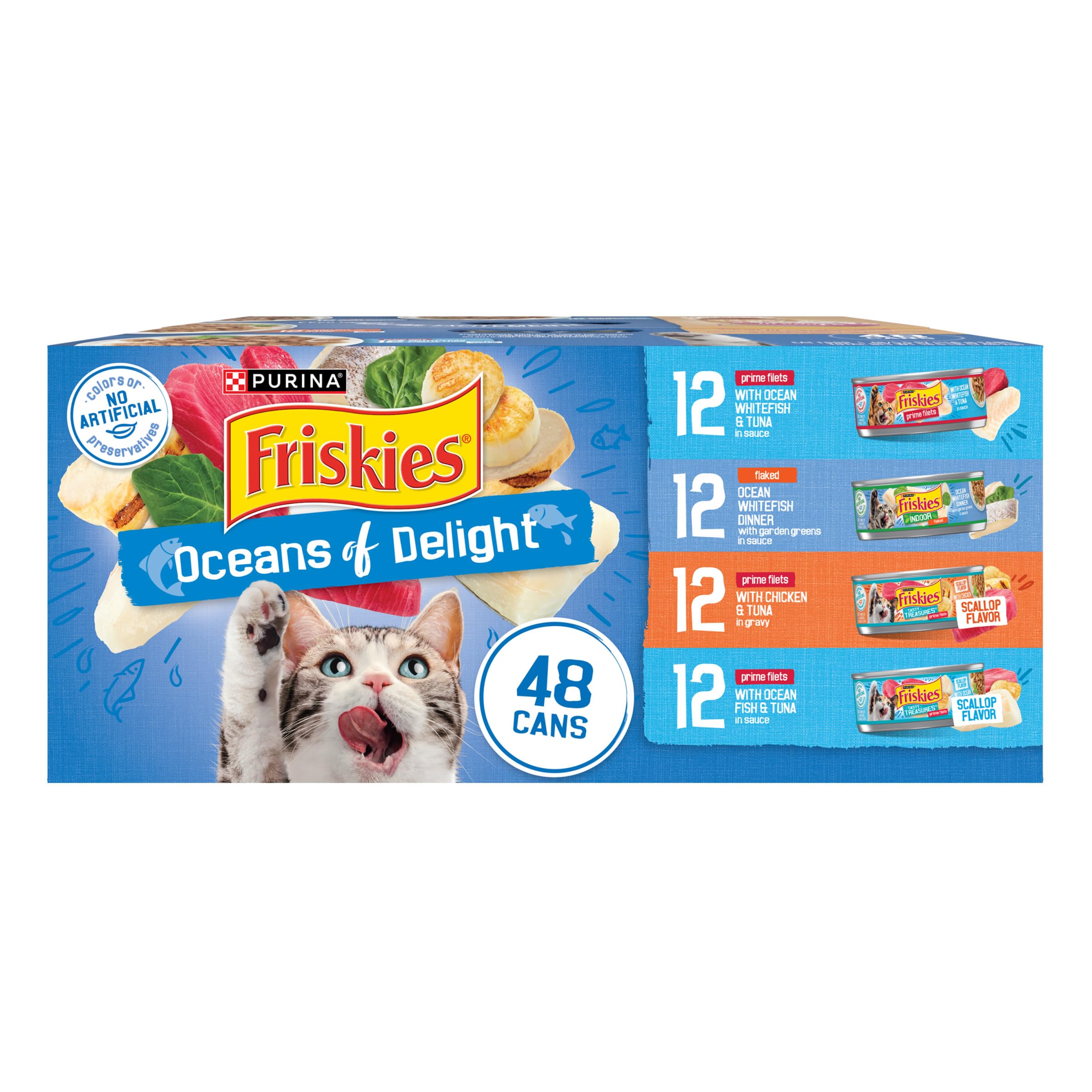 Purina Friskies Wet Cat Food Variety Pack, Oceans of Delight Flaked and Prime Filets - 48 ct. Can