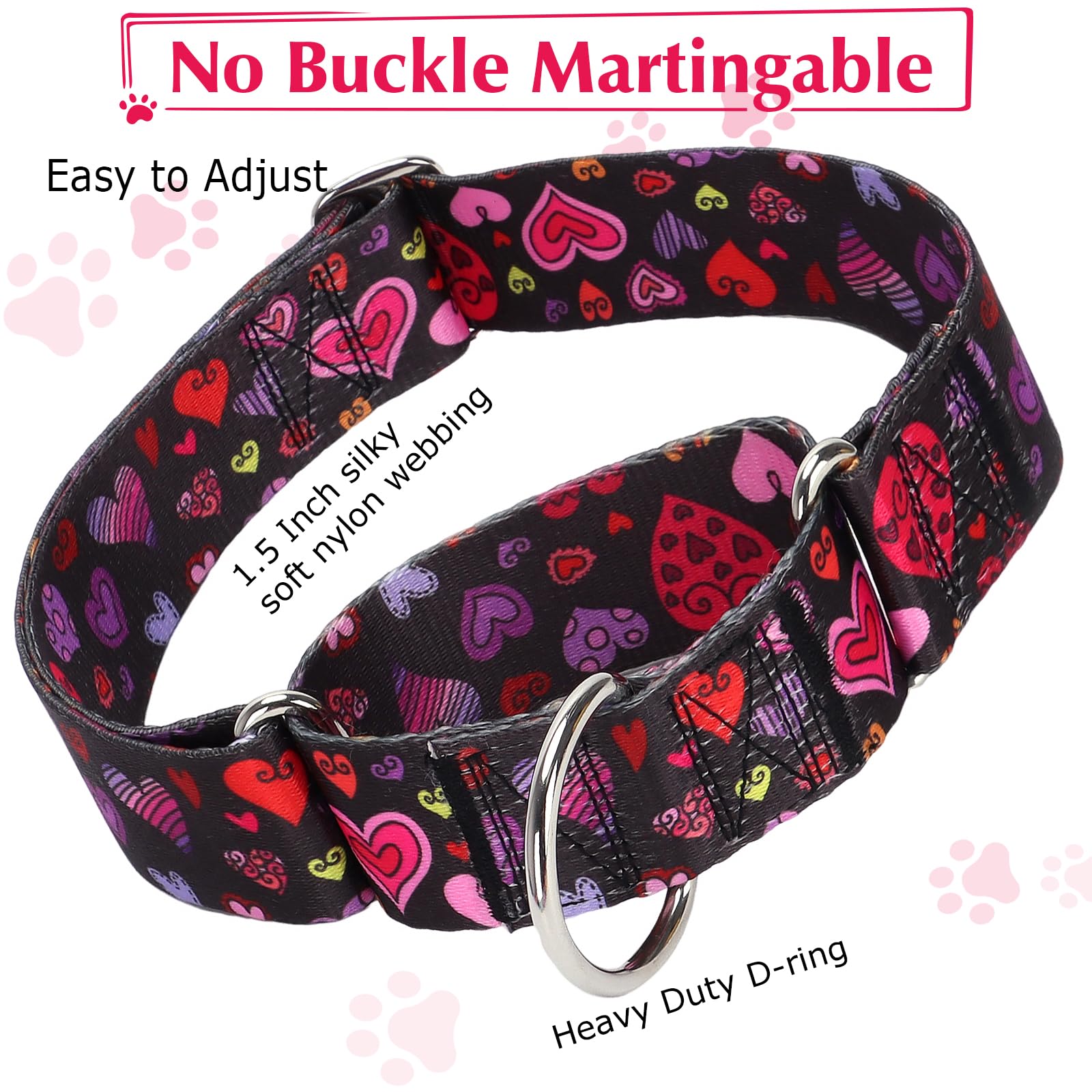 Valentine'S Day 1.5 Inch Wide Martingale Dog Collar, Cute Loving Heart Collar For Medium Large Extra Large Dogs -Heart Xl