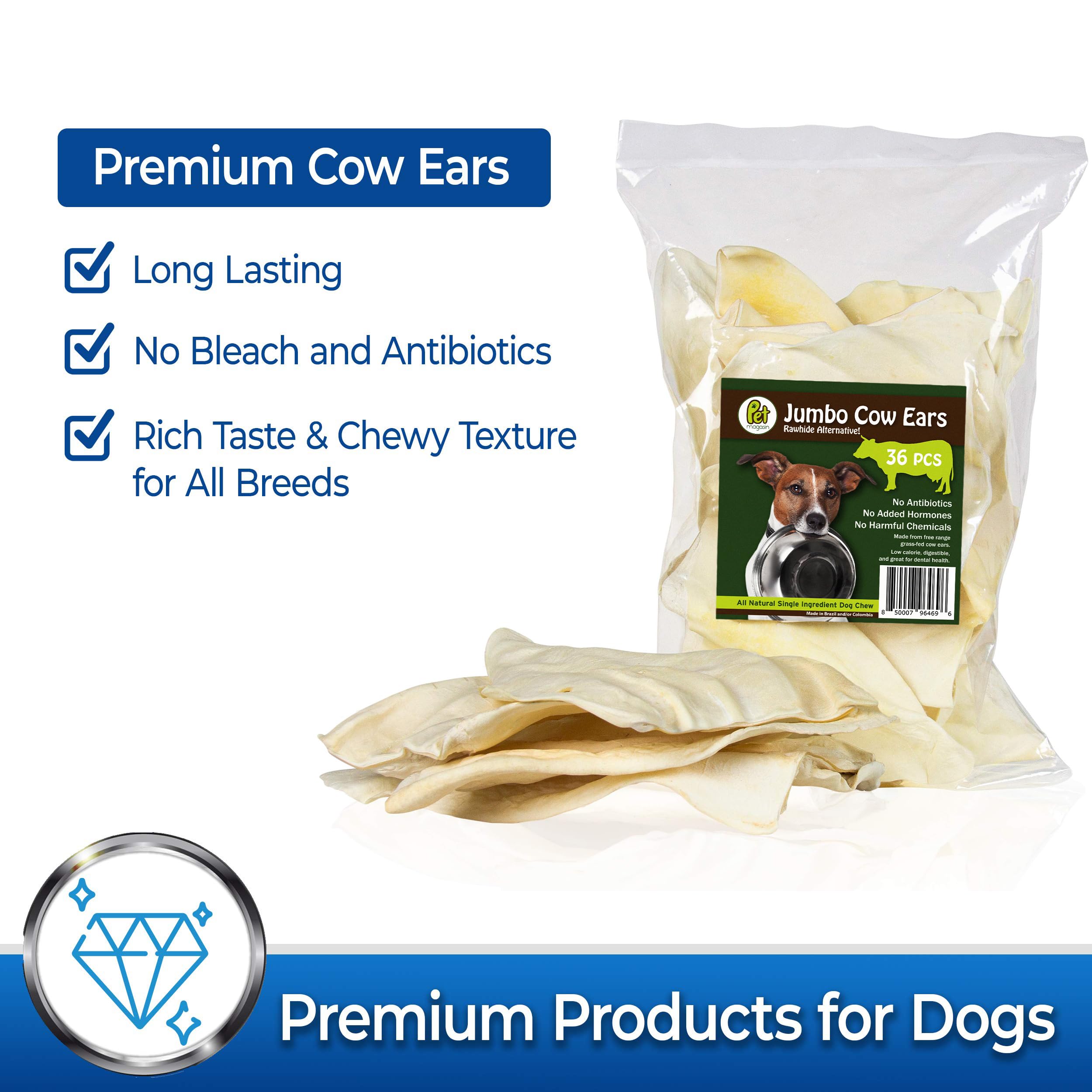 PET MAGASIN Premium Natural Jumbo Cow Ears - Original 12-Pack Dog Treats, Long-Lasting Super Chew, FDA Registered Facility