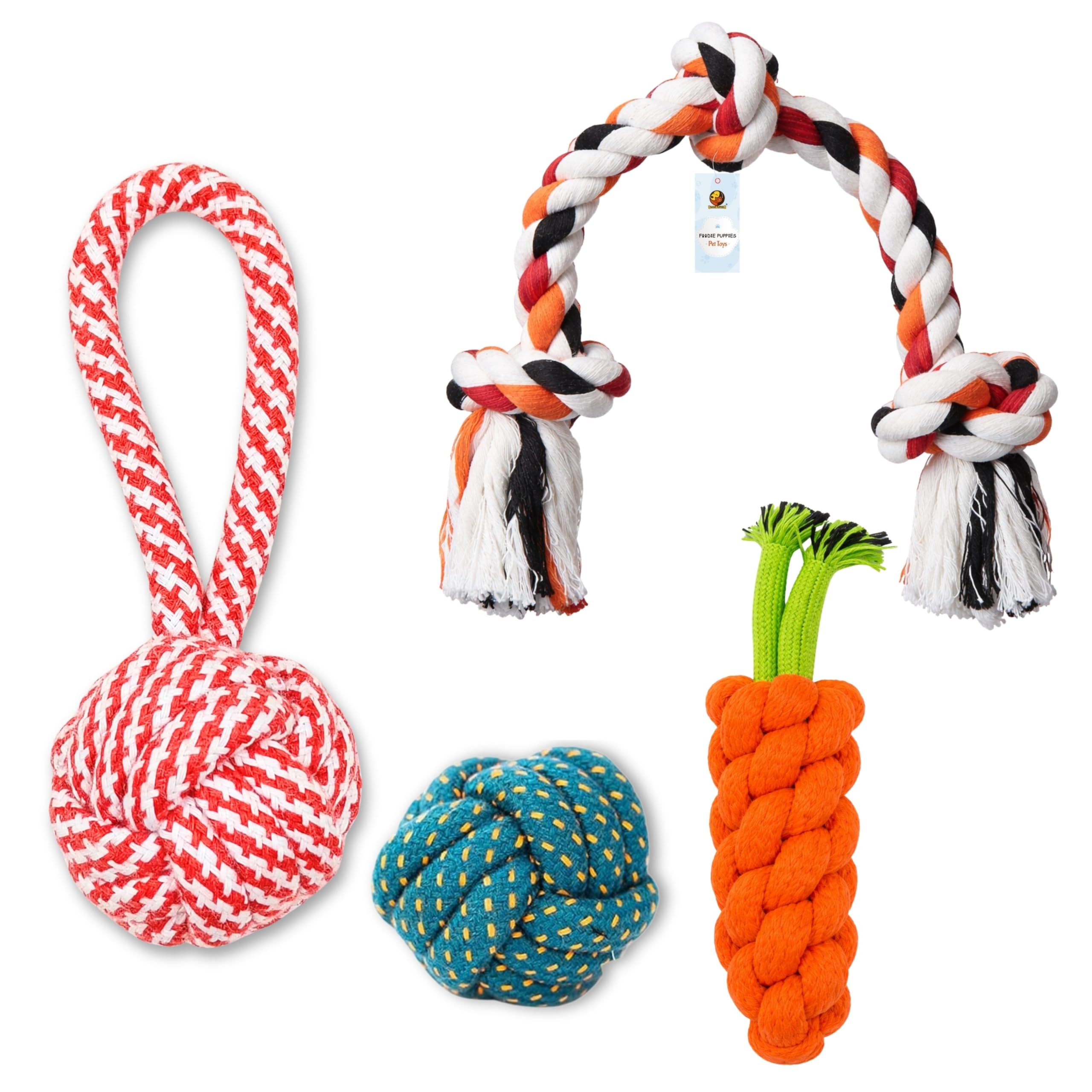 Foodie Puppies Durable Cotton Rope Chew Toy (3Knot + Rope Ball + Carrot + Handle Ball) For Small To Medium Dogs & Puppies | Wash