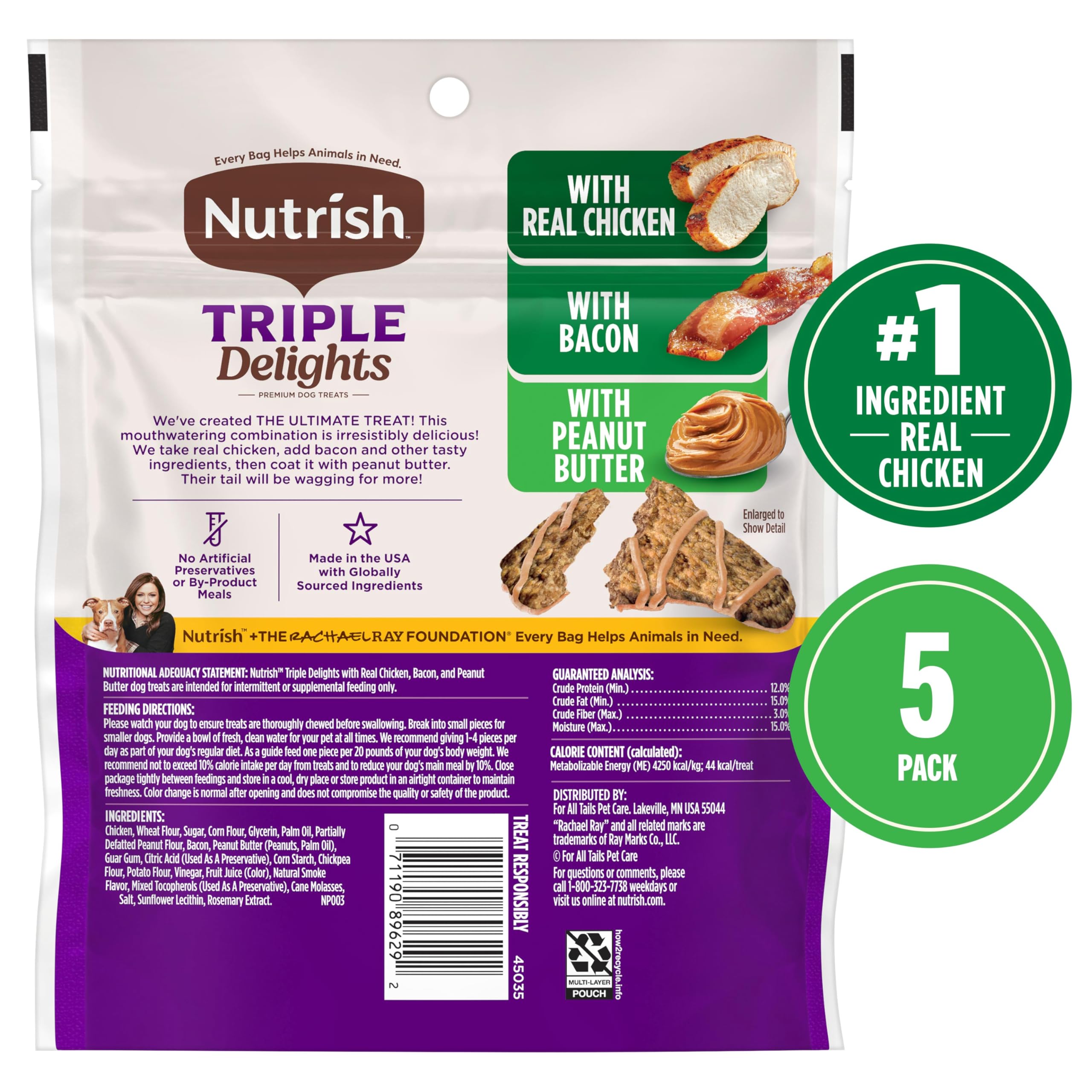 Nutrish Triple Delights Premium Dog Treats with Real Chicken, Bacon, and Peanut Butter, 4.5 oz. Pouch, Pack of 5