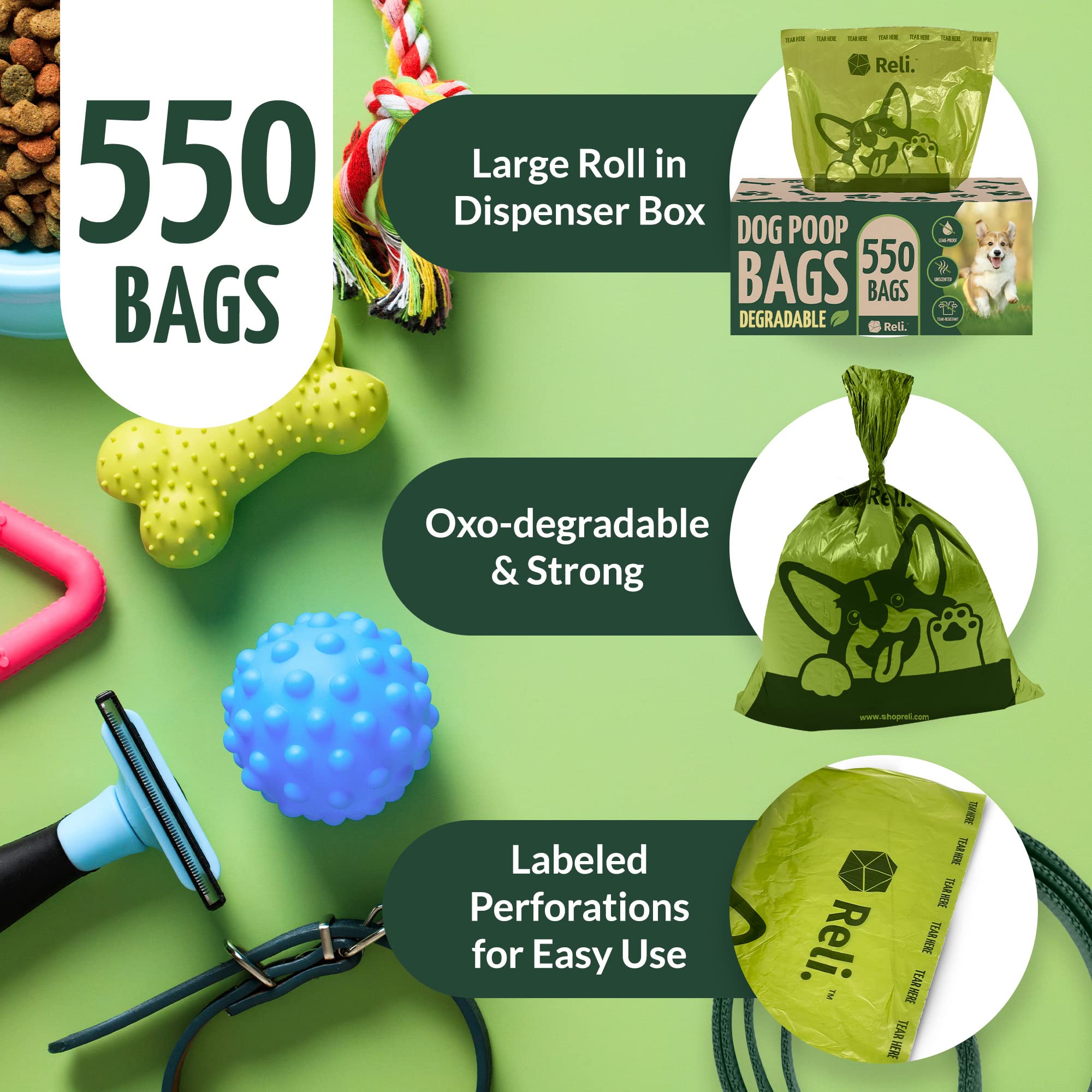 Reli. Biodegradable Dog Poop Bags - 550 Count Large Roll, Green, Eco-Friendly, Unscented, Oxobiodegradable Pet Waste Disposal