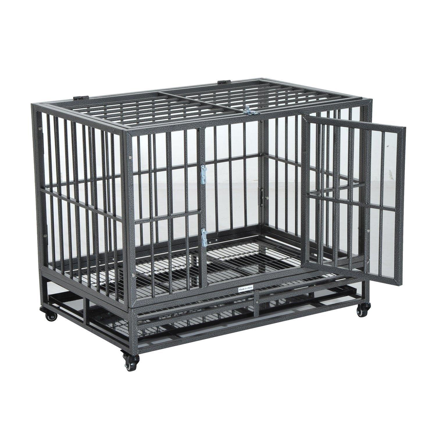 Pawhut 36' Heavy Duty Dog Crate Metal Cage Kennel With Lockable Wheels, Double Door And Removable Tray, Gray