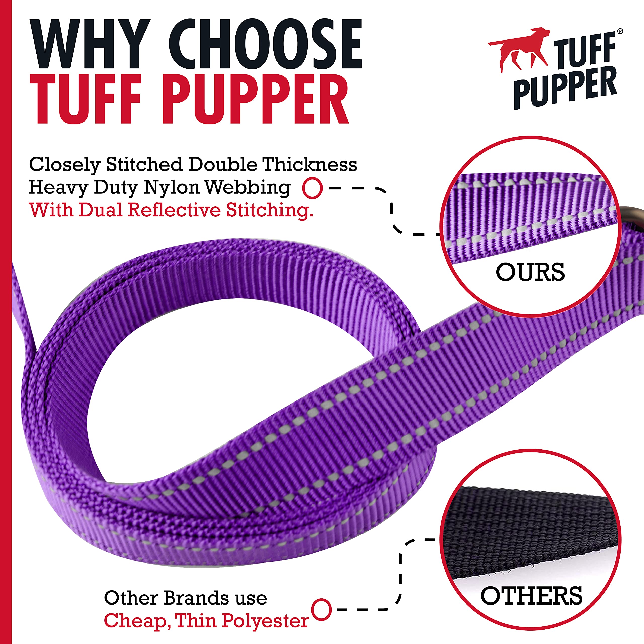 Tuff Pupper Heavy Duty Double Handle Leash - 6ft, Reflective, Purple, Twist Locking Carabiner for Medium & Large Dogs