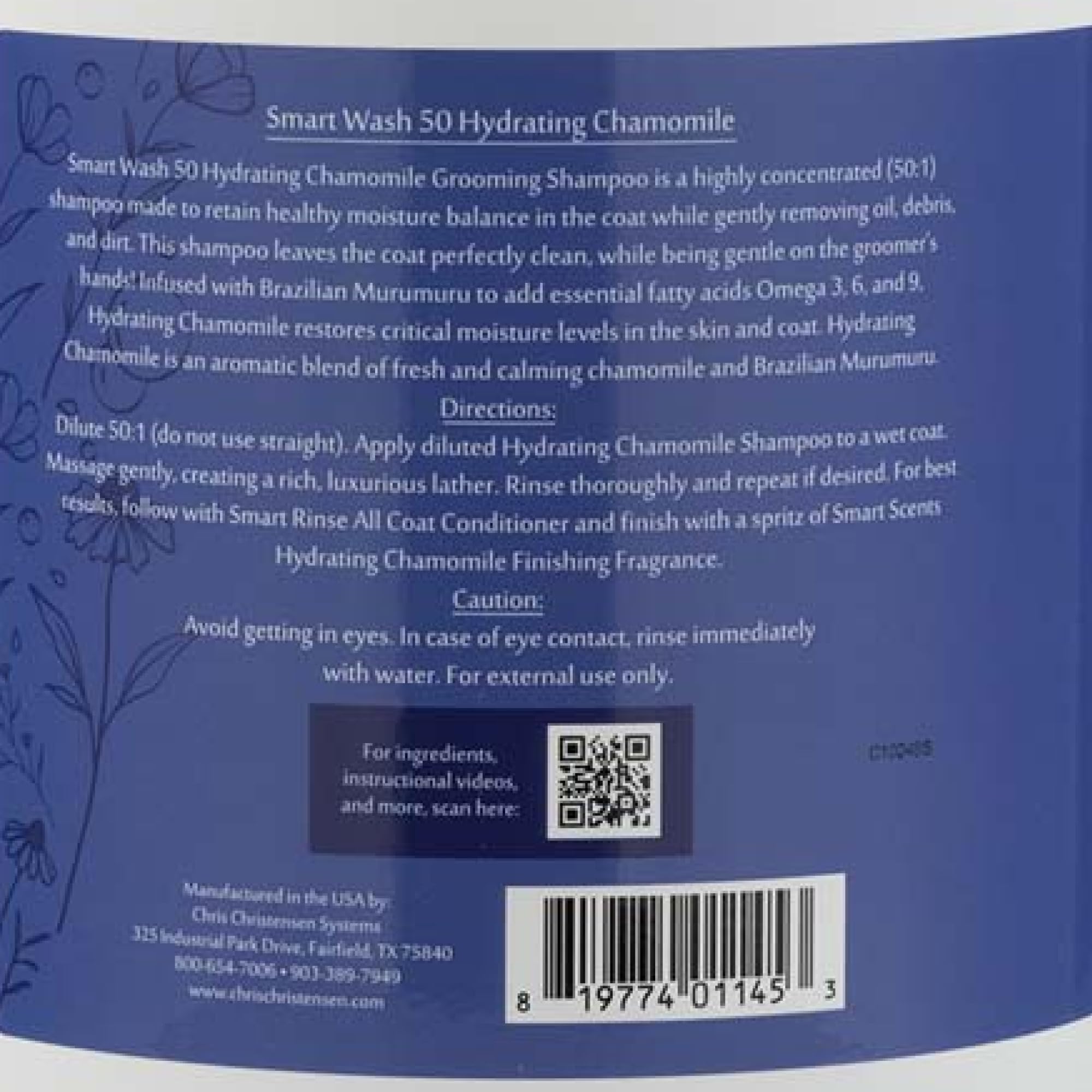 Chris Christensen SmartWash50 Dog Shampoo - Chamomile, 1 Gal, Hydrating, Blue, Makes 50 Bottles, Professional Grooming, USA Made