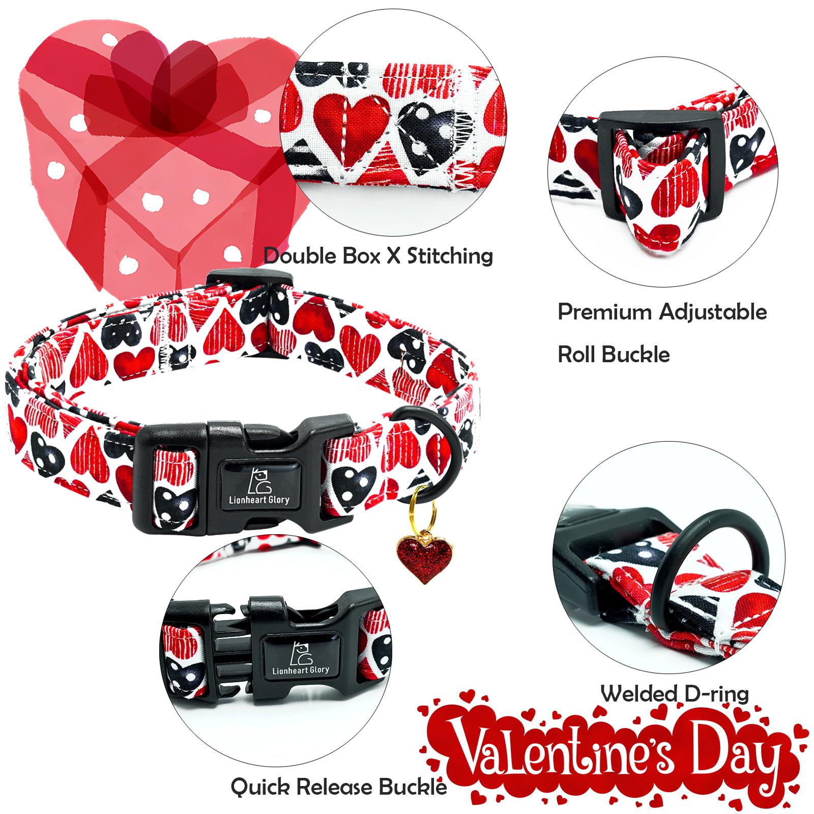 Lionheart Glory Valentine Collar-Red Hearts Dog Collar For Medium Cute Dog Collars Spring Female Male Pet Gift Adjustable Heavy-