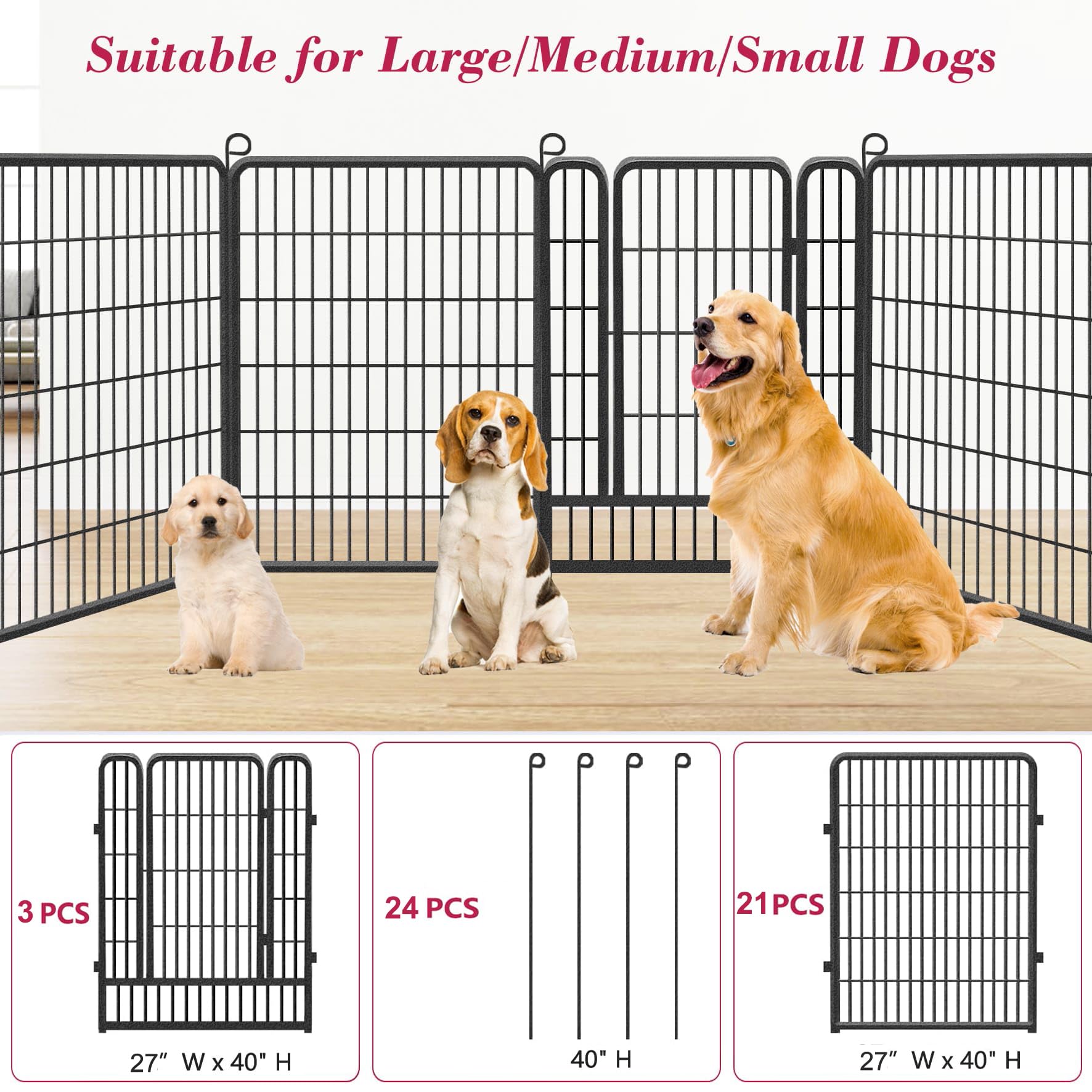 Jhsomdr Dog Playpen 40 Inch Dog Fence For Outdoor Indoor Use Heavy Duty Metal Dog Pen For Large Dogs, Rustproof Pet Playpen Port