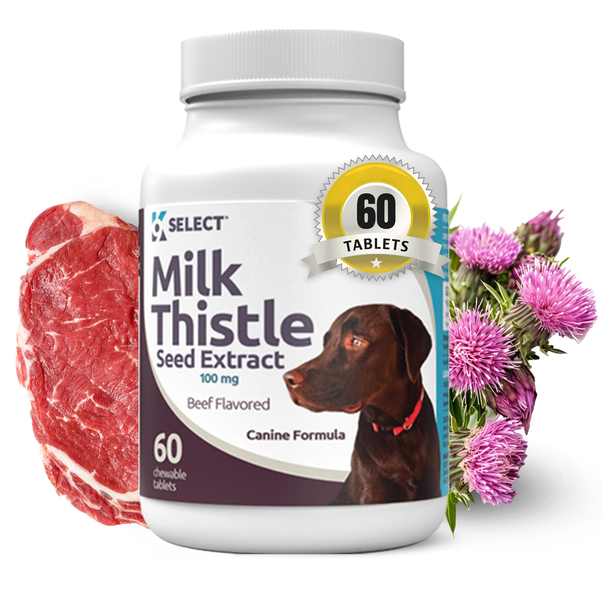 K9 Select Milk Thistle for Dogs, 100mg - 60 Beef Flavored Tablets - Canine Liver Health Natural Milk Thistle Supplement