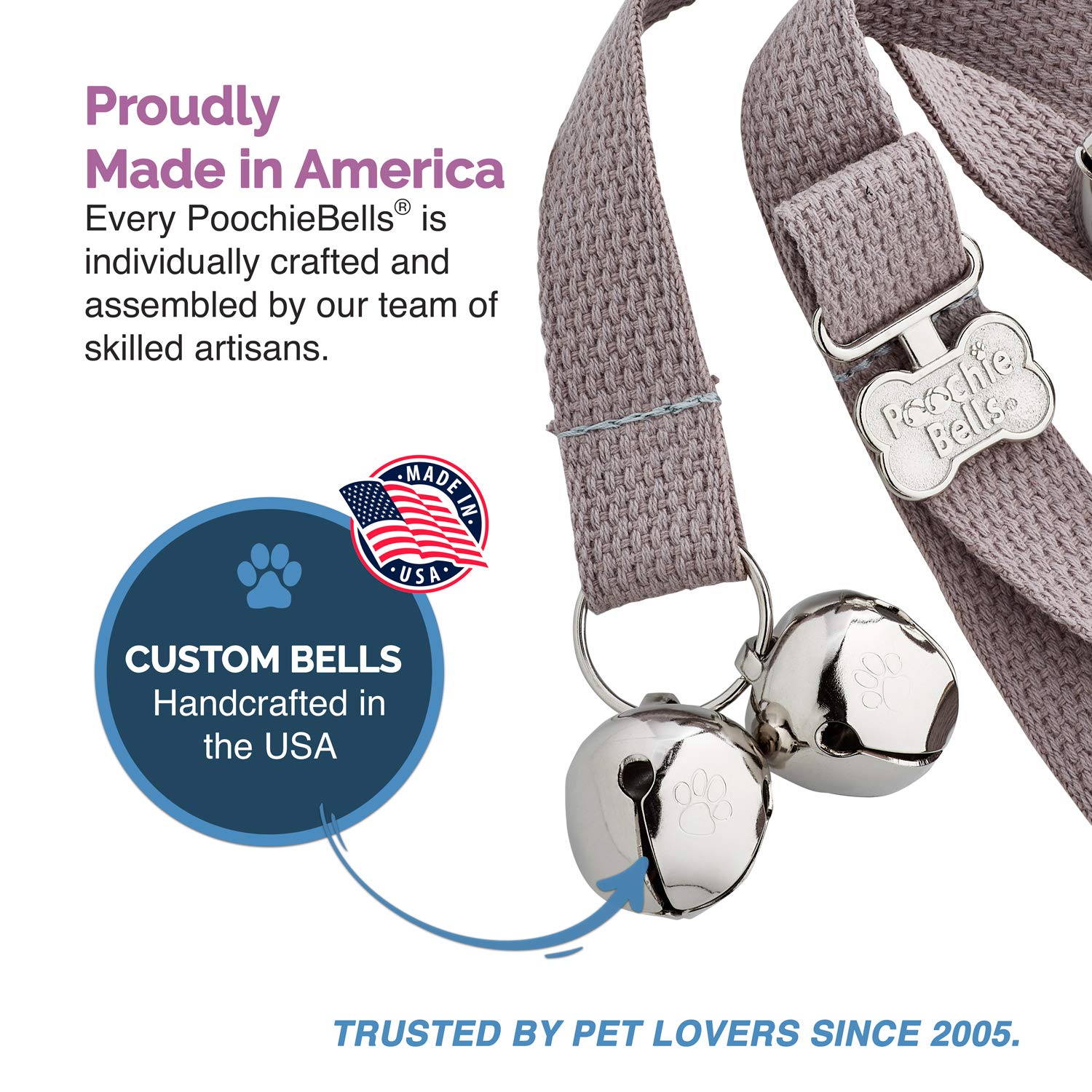 Poochiebells Original Handcrafted Dog Doorbell - Trusted By Trainers For 20+ Years, One Size Fits All Breeds, Durable And Thick Cotton Webbing, Crafted In Usa, Gray