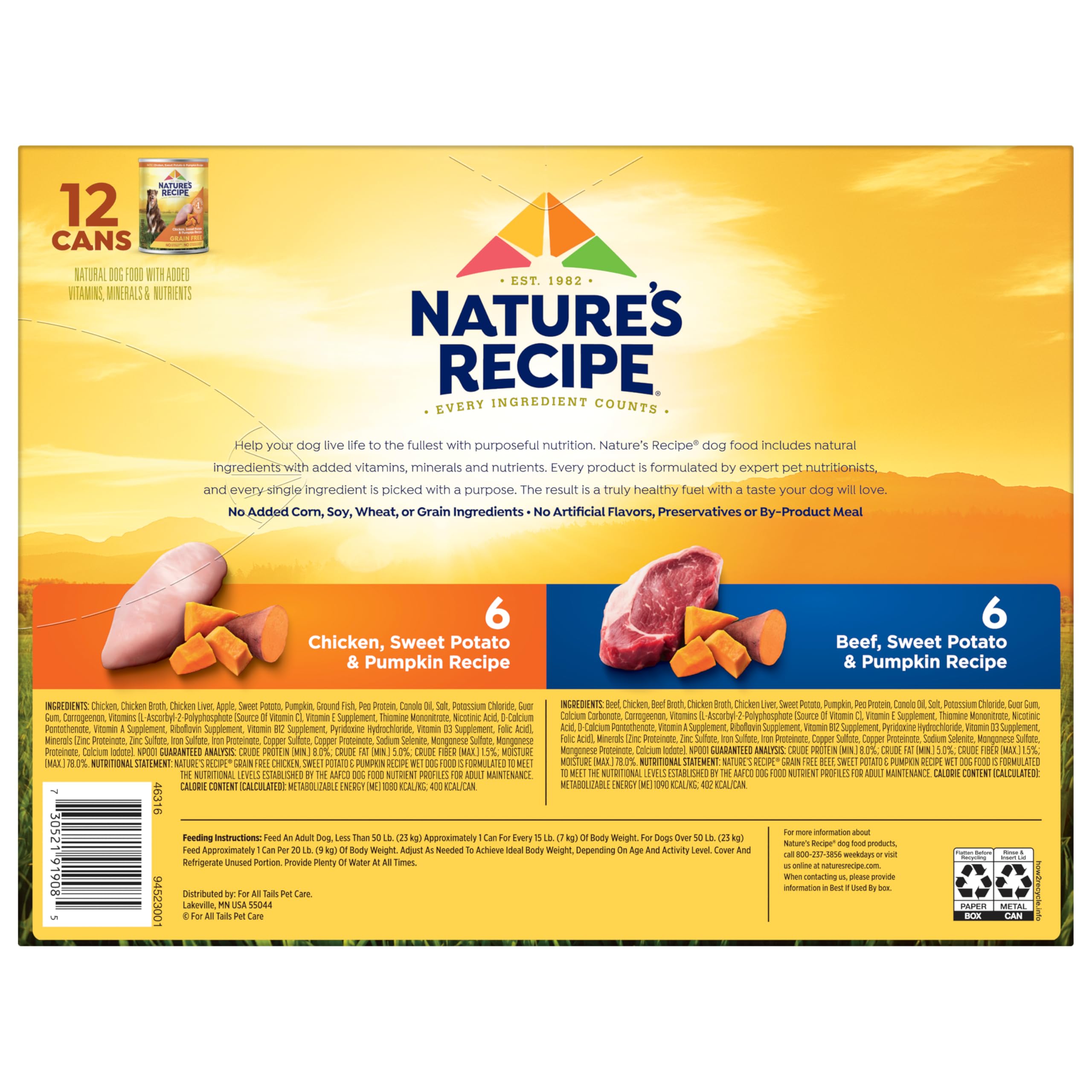 Nature's Recipe Grain Free Wet Dog Food Paté Variety Pack, Chicken & Beef with Sweet Potato & Pumpkin, 13oz Cans (Pack of 12)