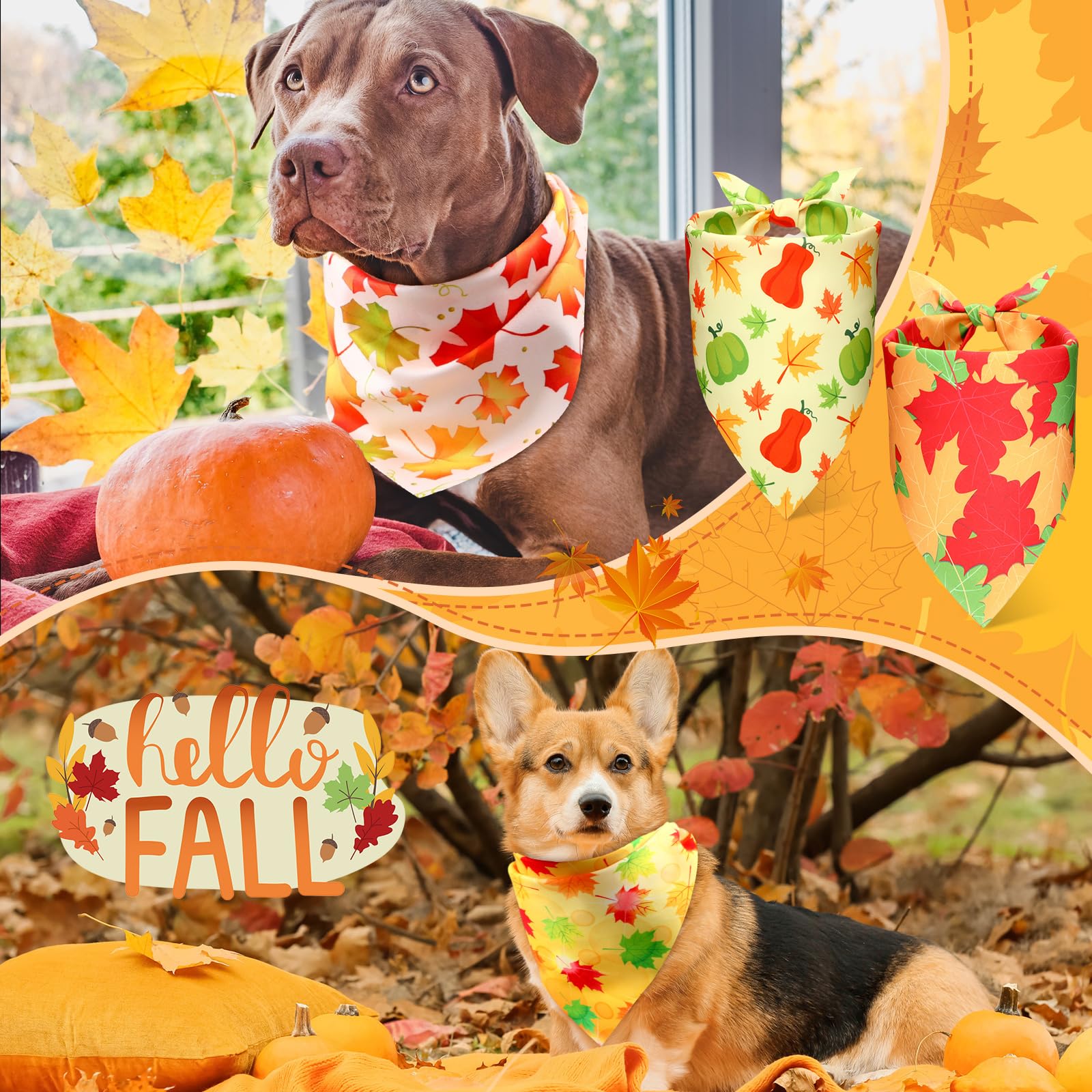 Preboun 100 Pcs Fall Thanksgiving Dog Bandanas Bulk Pumpkin Maple Leaves Bandanas for Dogs Triangle Kerchief Bibs Scarf for Pets